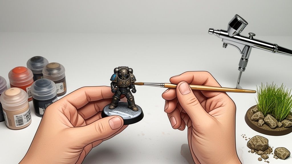 Primer plano de manos pintando una miniatura de Warhammer 40k con pincel, rodeadas de pinturas y un aerógrafo.