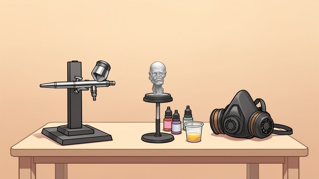 Una mesa con un aerógrafo, un busto en miniatura, pinturas, un vaso y una mascarilla de respiración.