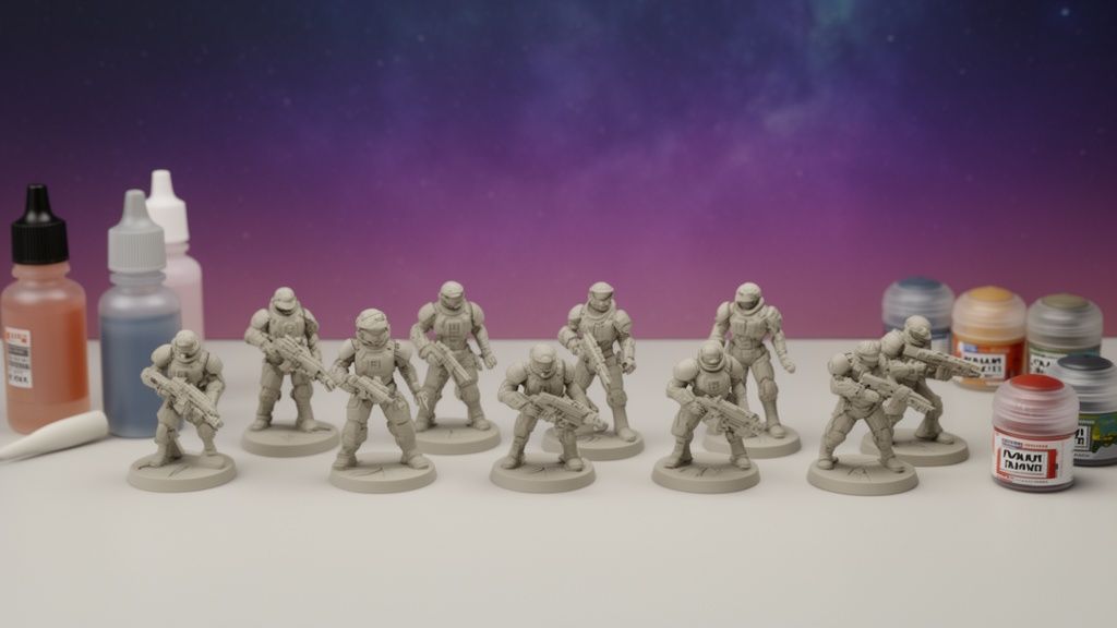 Miniaturas de soldados futuristas sin pintar con botes de pintura y pinceles, listos para ser personalizados.