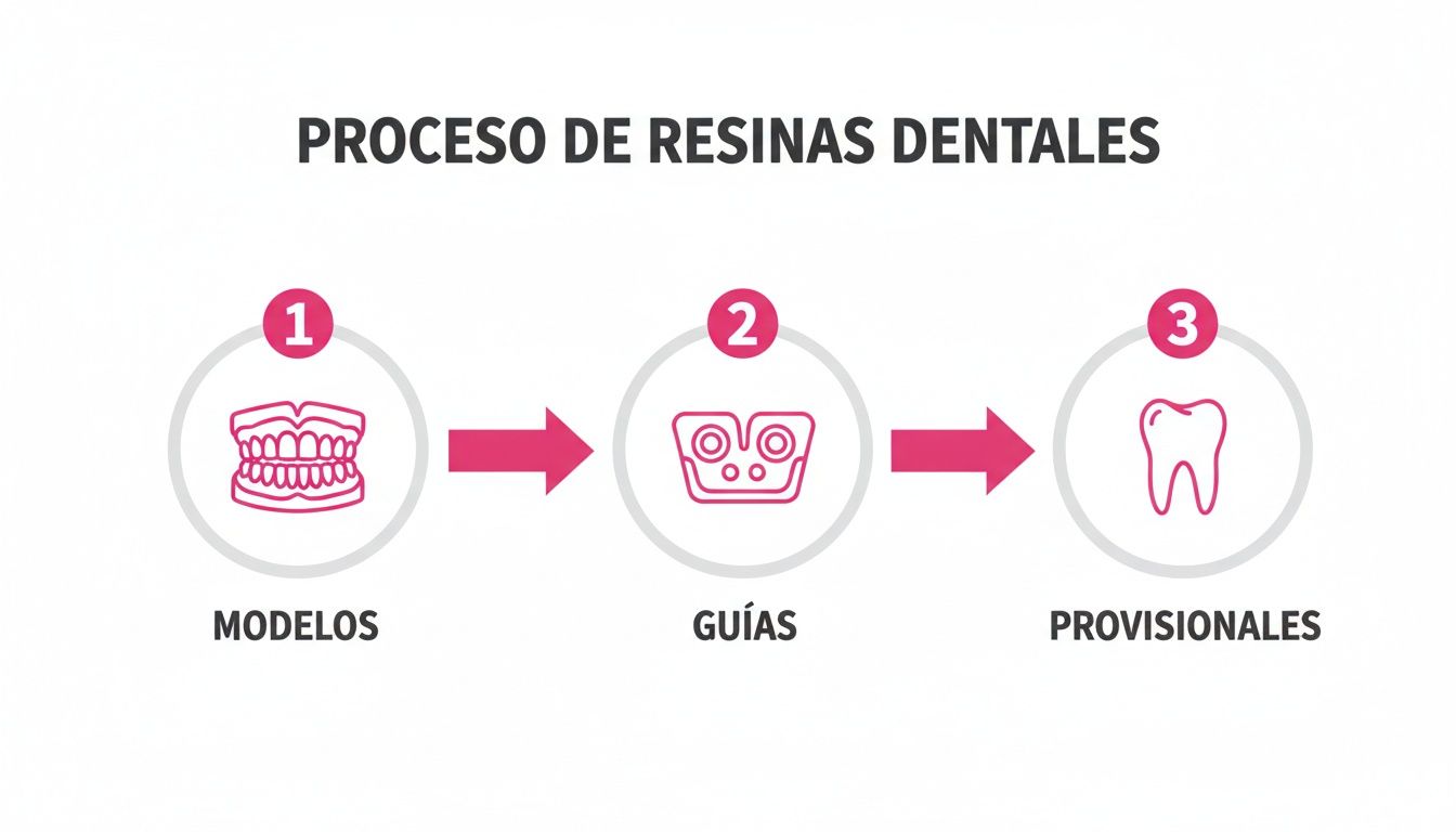 Diagrama del proceso de resinas dentales: modelos, guías y provisionales, esencial en odontología restauradora.