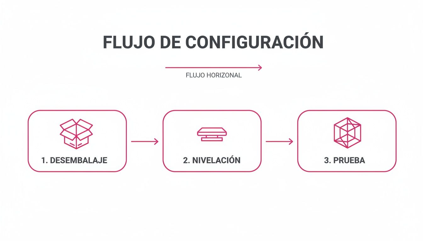 Diagrama de flujo de configuración para impresiones 3D con pasos de desembalaje, nivelación y prueba.