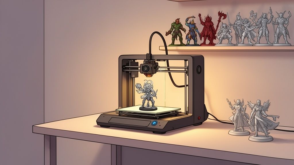 Impresora 3D fabricando una miniatura detallada, rodeada de varias figuras de juegos de mesa pintadas y sin pintar en estantes y una mesa.