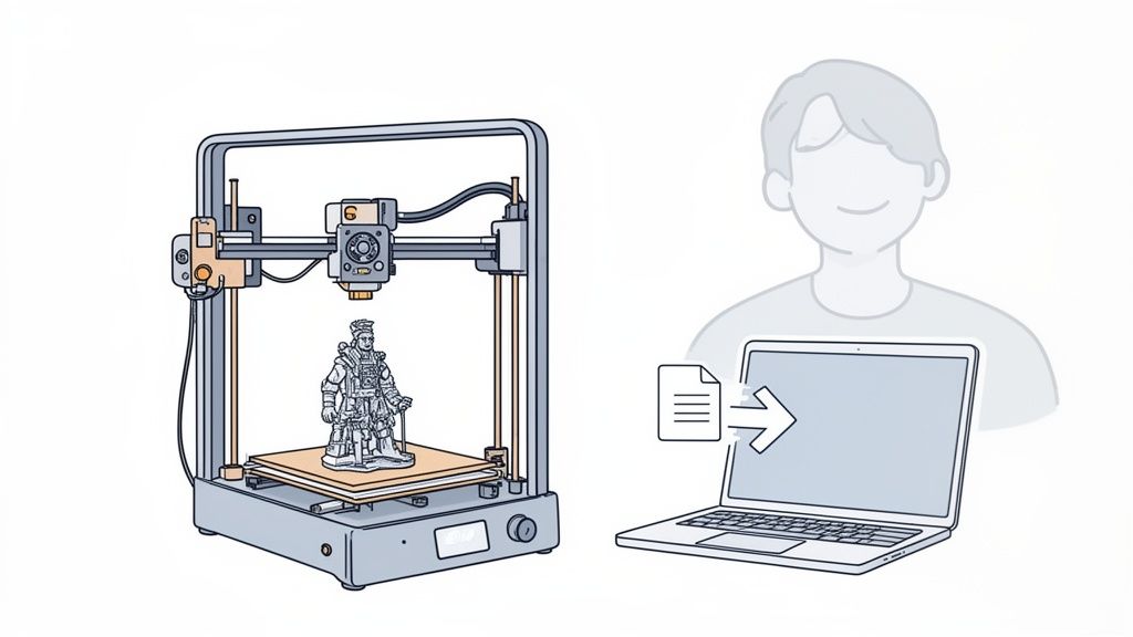 Ilustración de una impresora 3D creando una figura, recibiendo un archivo de un portátil, con un usuario sonriendo.