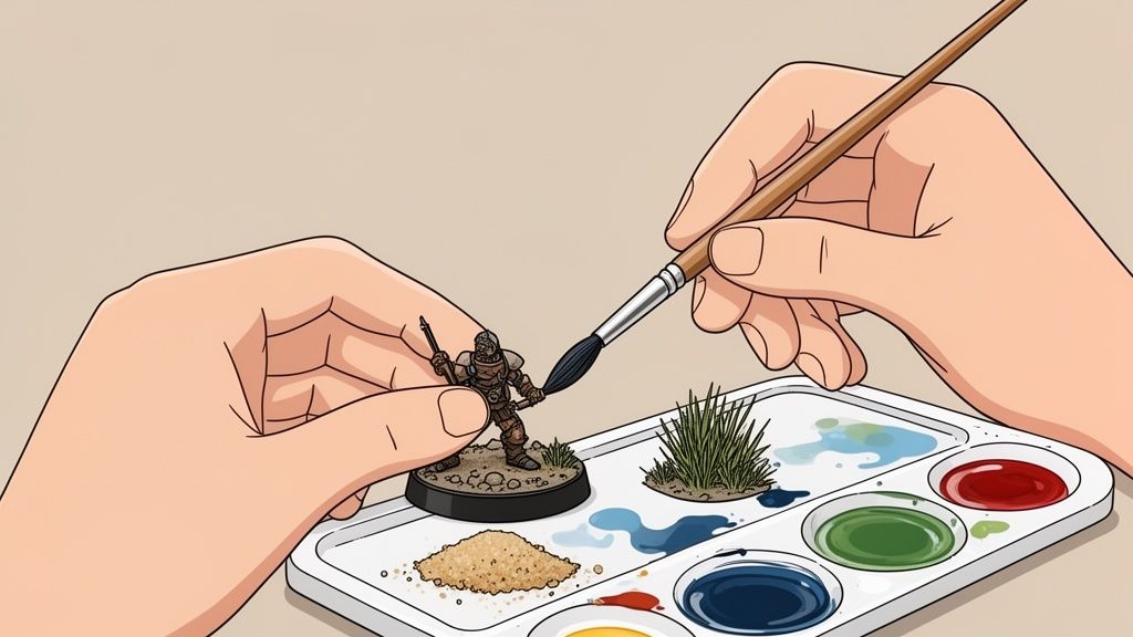 Primer plano de manos pintando una miniatura de juego con un pincel y colores en una paleta.