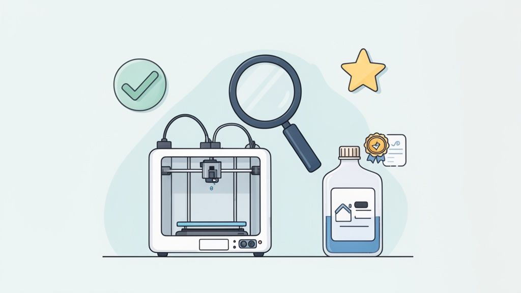 Ilustración de una impresora 3D, una lupa, una botella de líquido, una marca de verificación y un certificado, simbolizando calidad e inspección en procesos.