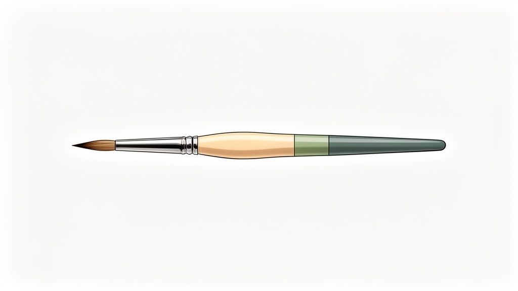 Un pincel fino de mango beige y verde, con cerdas marrones, sobre un fondo blanco.