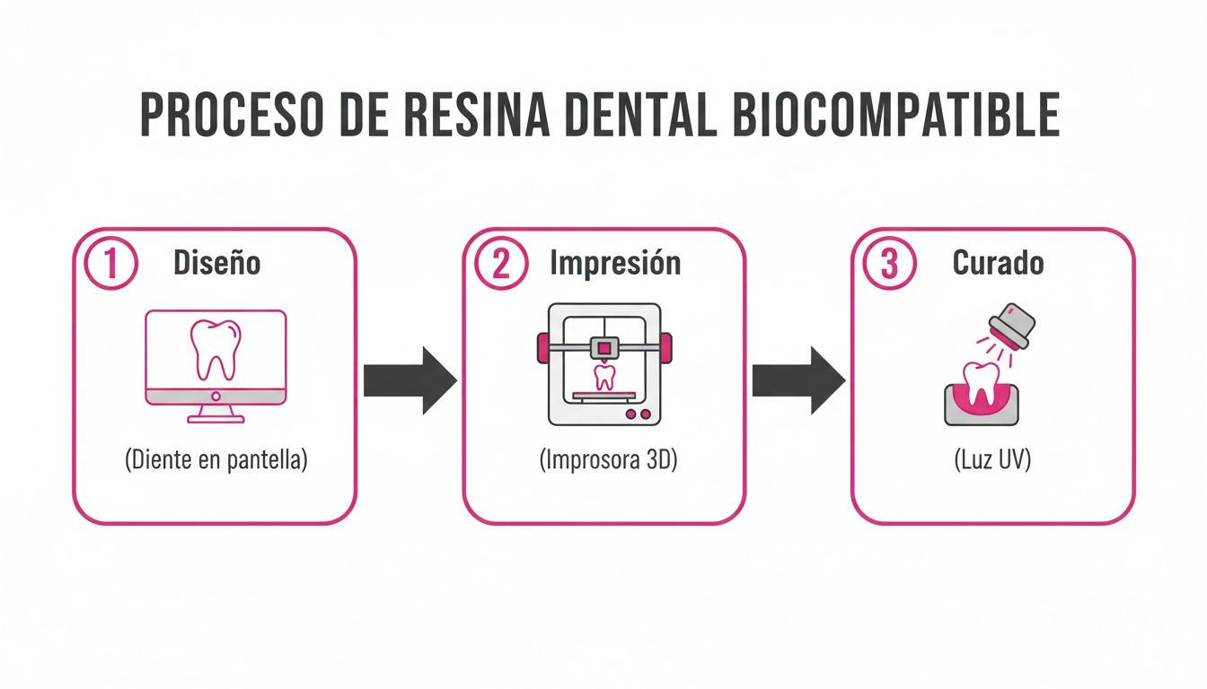 Diagrama del proceso de resina dental biocompatible con tres pasos: diseño en pantalla, impresión 3D y curado UV.