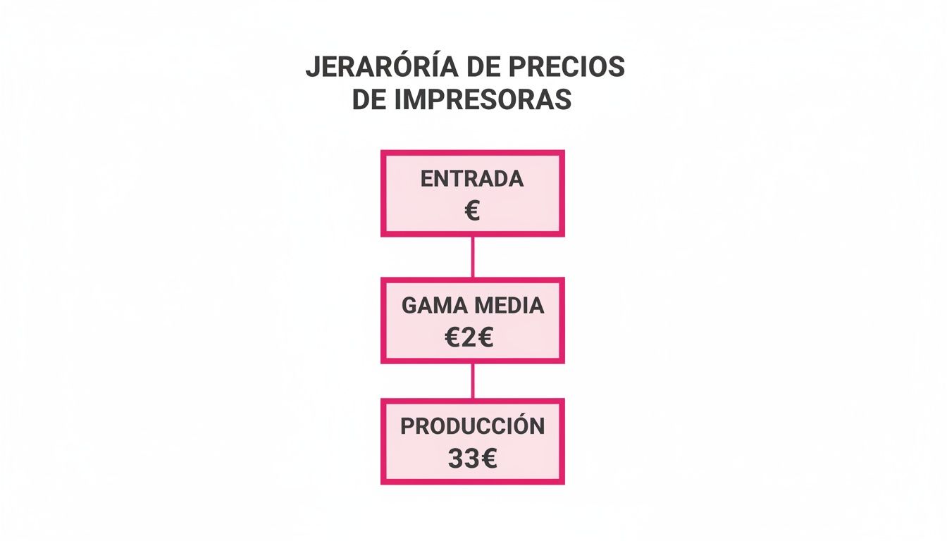 Diagrama de jerarquía de precios de impresoras con niveles de entrada, gama media y producción, mostrando sus costes asociados.