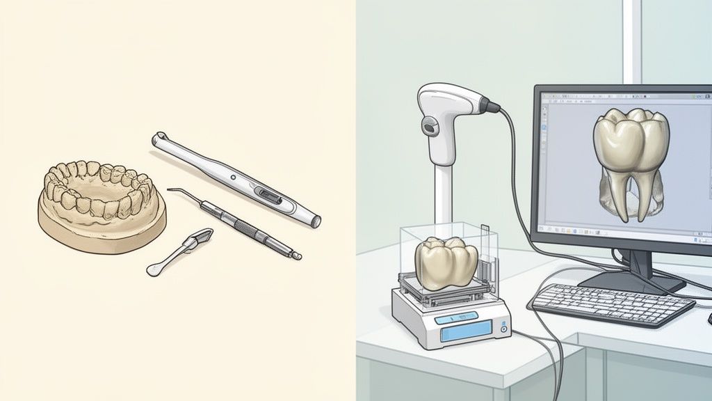 Contraste entre herramientas dentales tradicionales y modernas, mostrando un escáner 3D de dientes y modelos digitales.
