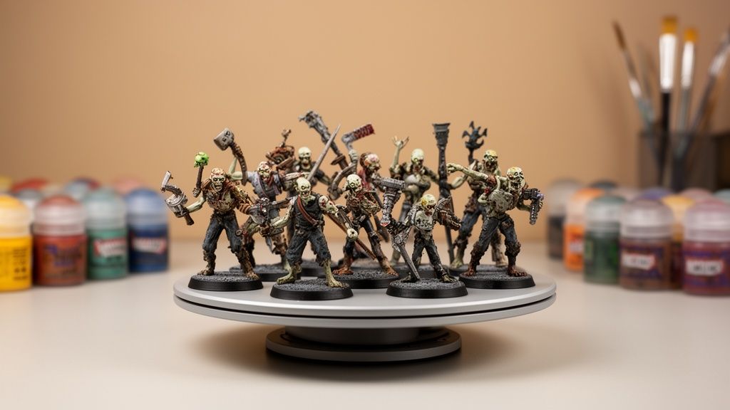 Painted Zombicide zombie miniatures on a rotating display stand, with paint pots.