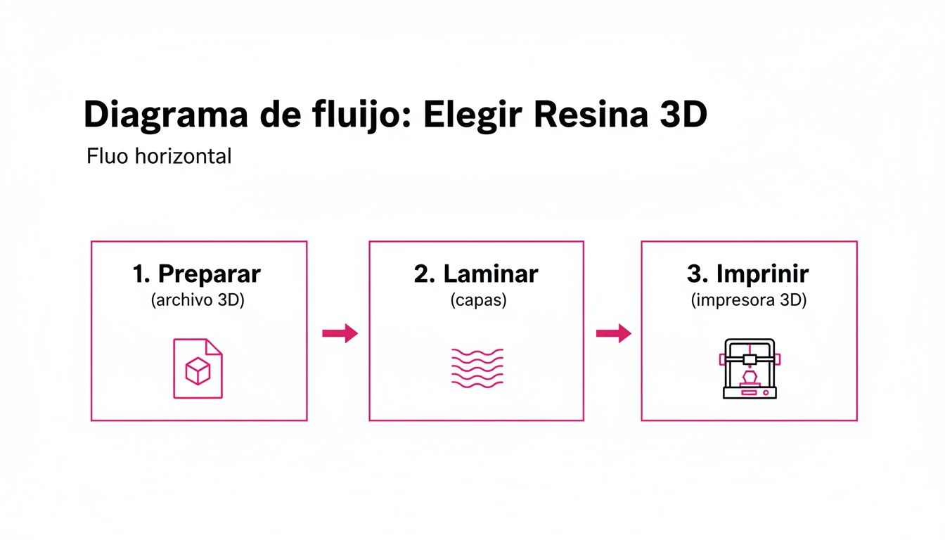 Diagrama de fluxo horizontal que mostra os passos para a impressão 3D de resina: preparar, laminar e imprimir.