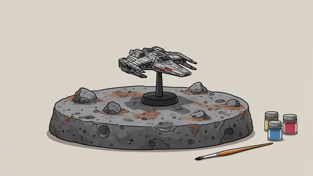 Grey spaceship miniature with red details on a lunar base, alongside paint pots and a brush.