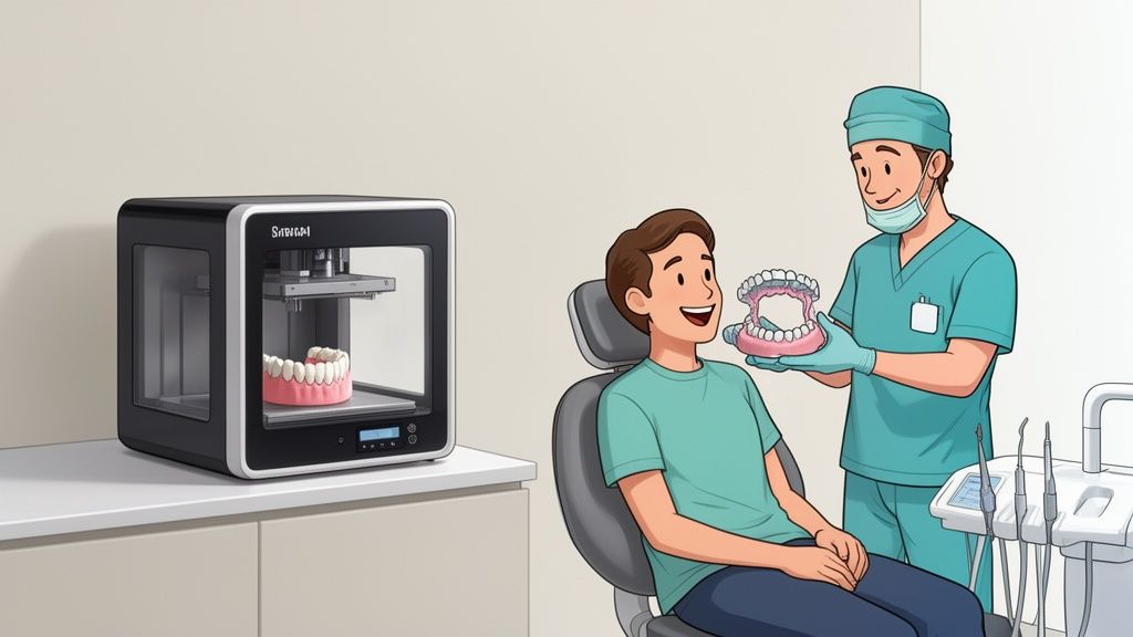 Dentista mostra uma prótese dentária a um paciente na clínica, junto a uma impressora 3D que fabrica dentes.
