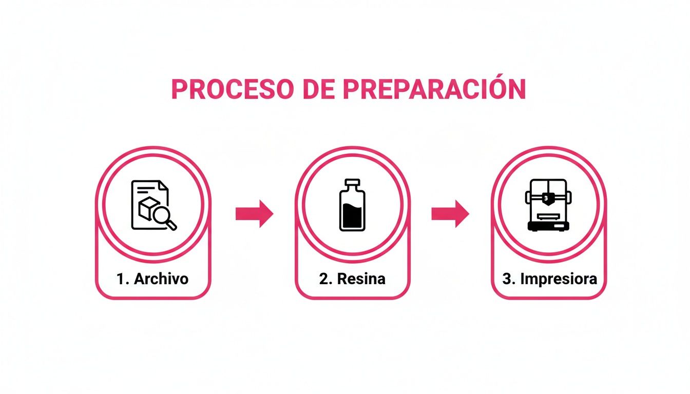 3D printing preparation process for miniatures: digital file, resin, and printer shown in sequence.