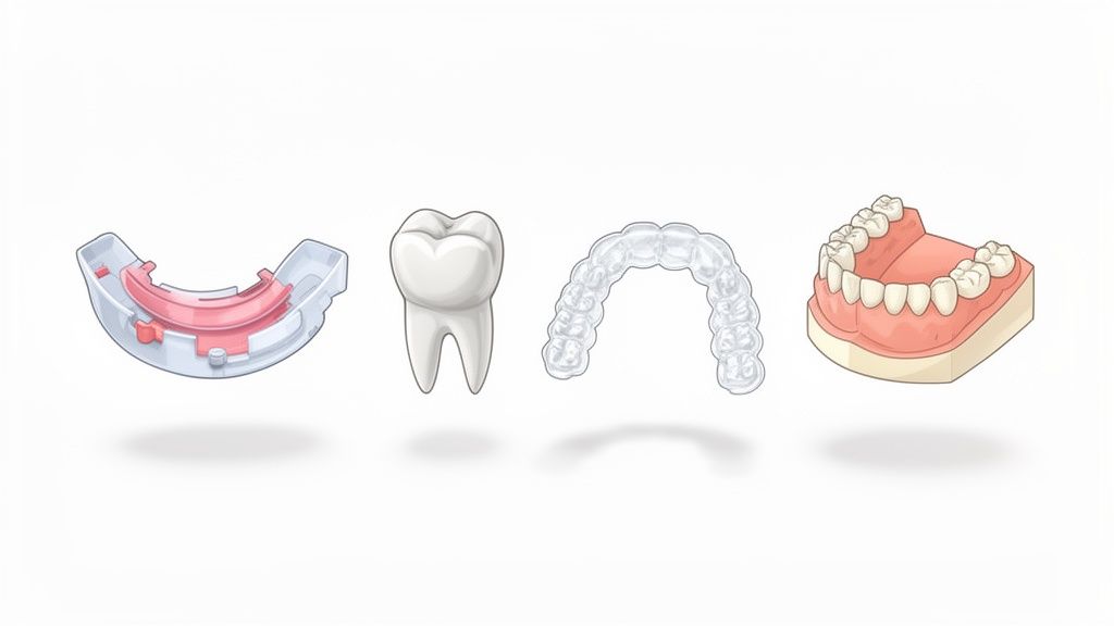 Representação de dispositivos dentários: molde, dente, alinhador transparente e modelo de mandíbula.