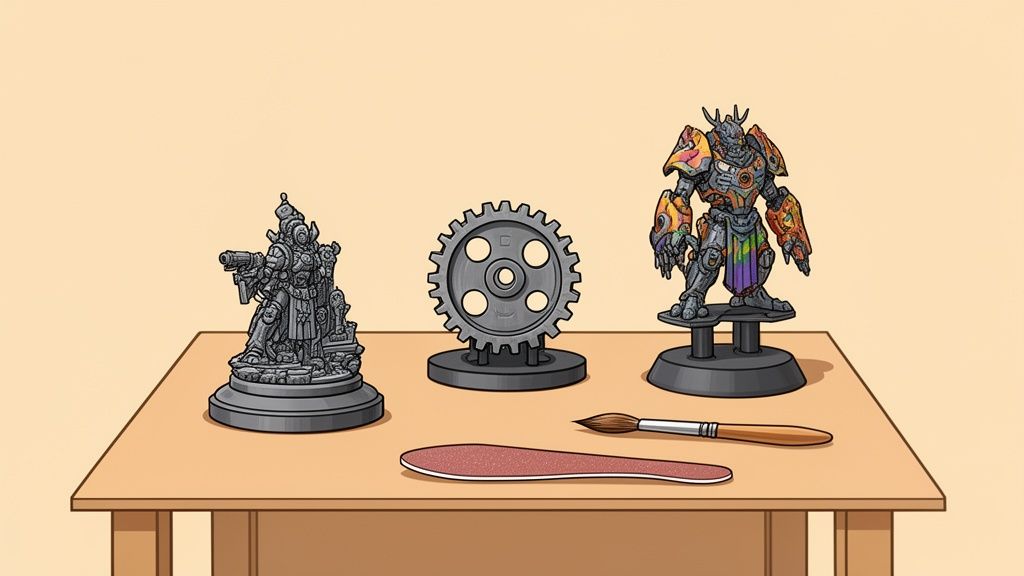 Una mesa con tres modelos impresos en 3D: dos figuras detalladas y un engranaje, junto con herramientas de pintura.