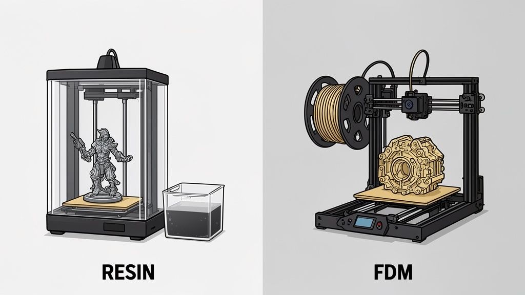 Duas impressoras 3D, uma de resina criando uma figura detalhada e outra FDM fabricando uma peça mecânica.