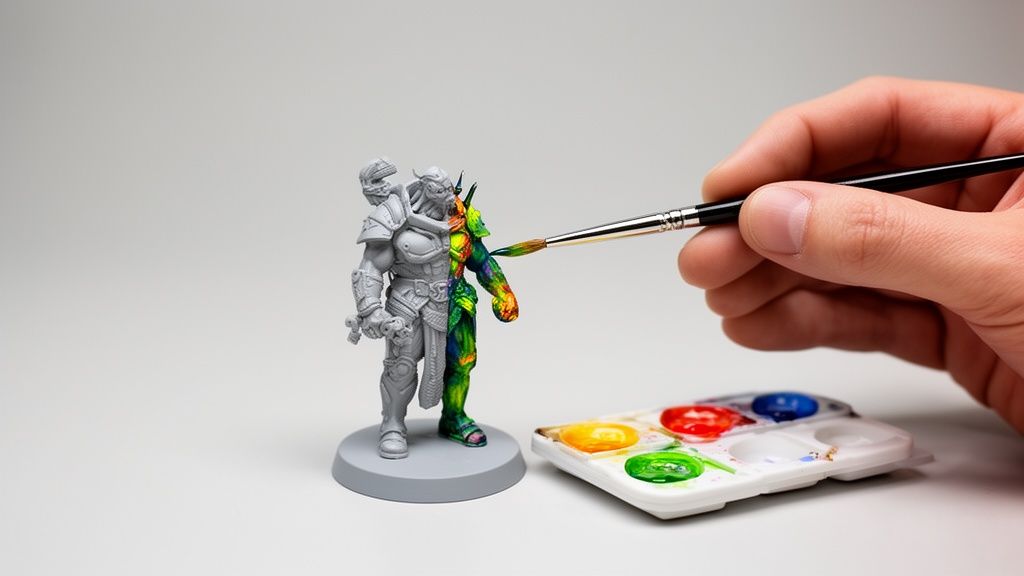 Mano pintando una miniatura de resina, una mitad gris y la otra con colores vibrantes y alegres.