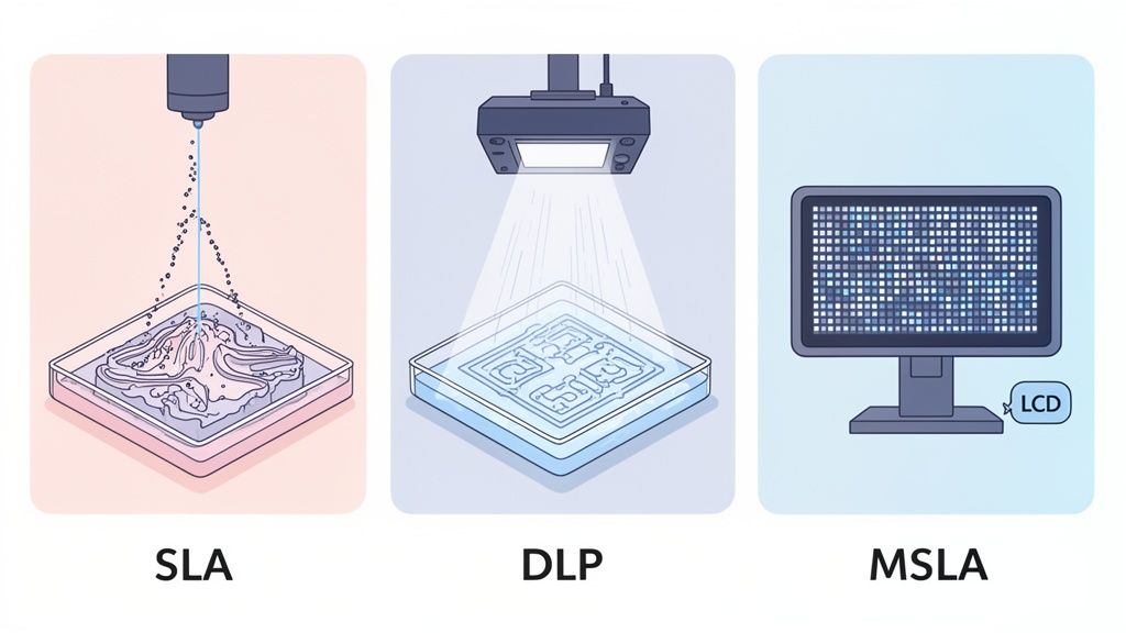Ilustraciones que muestran las tres tecnologías de impresión 3D de resina: SLA, DLP y MSLA, con sus respectivos métodos de curado de resina.