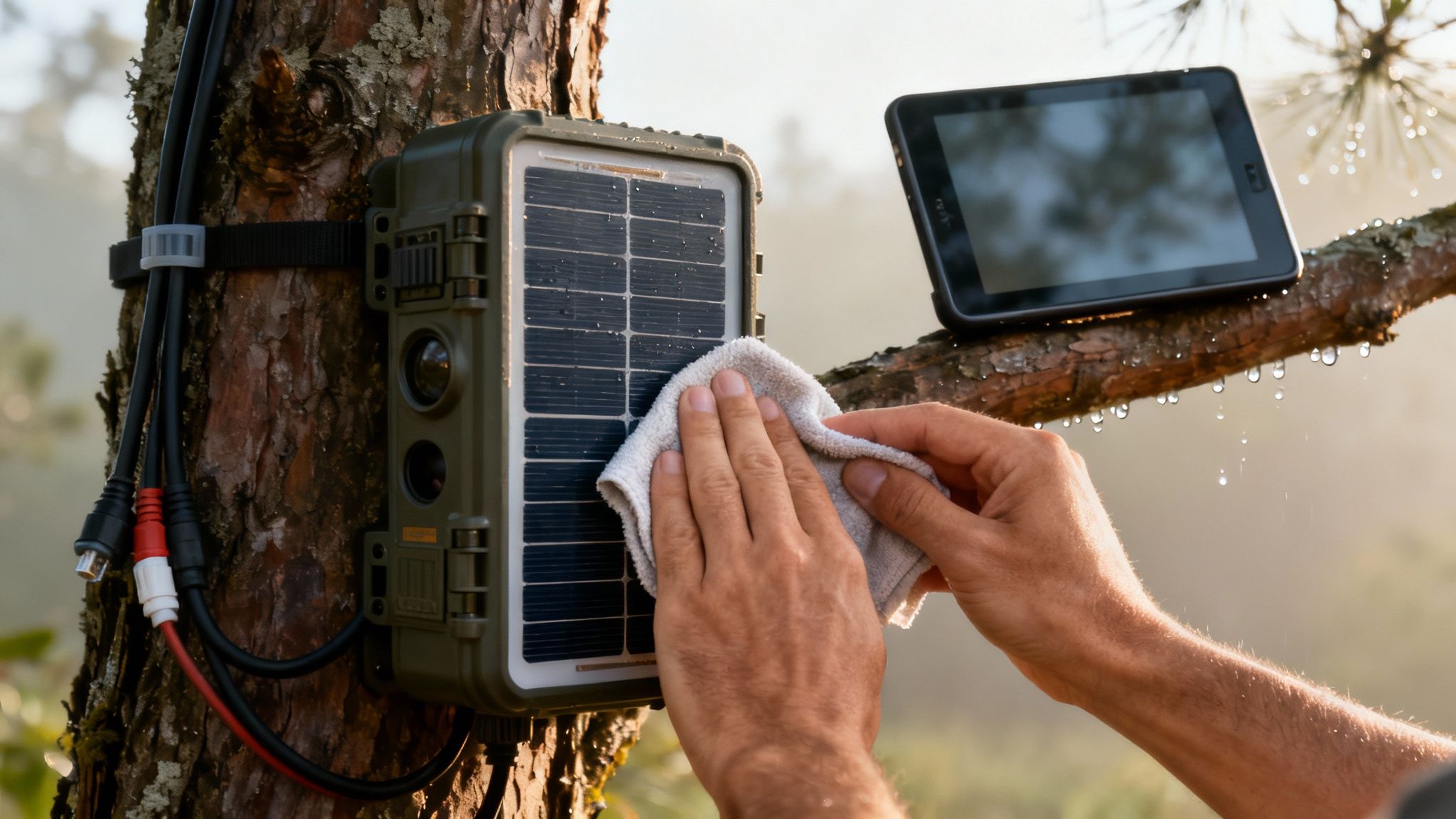 A person cleans a solar-powered game camera mounted on a tree trunk on a dewy morning.
