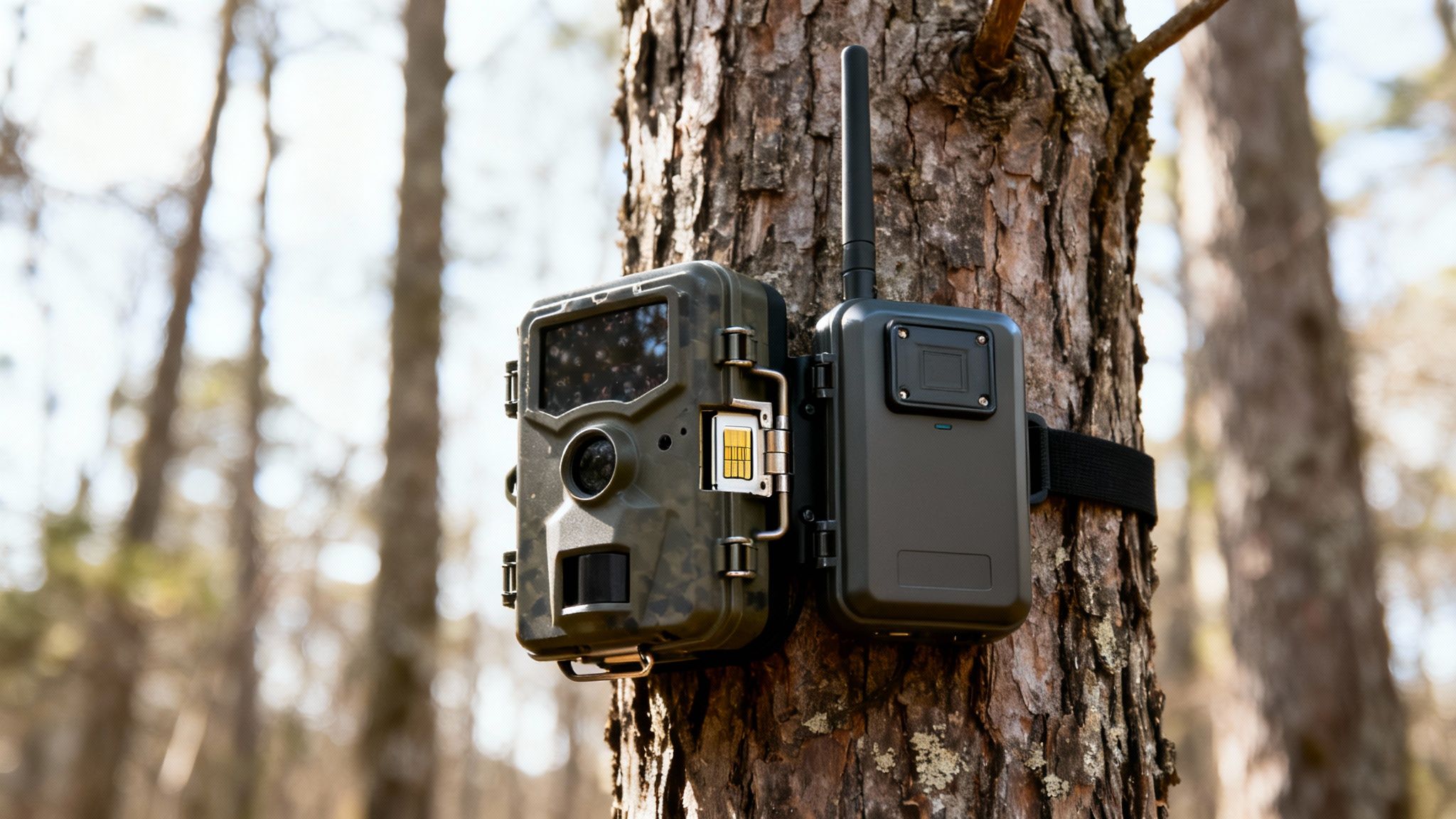 Two game cameras, one camouflage and one black, secured to a tree trunk in a forest, with a SIM card visible.