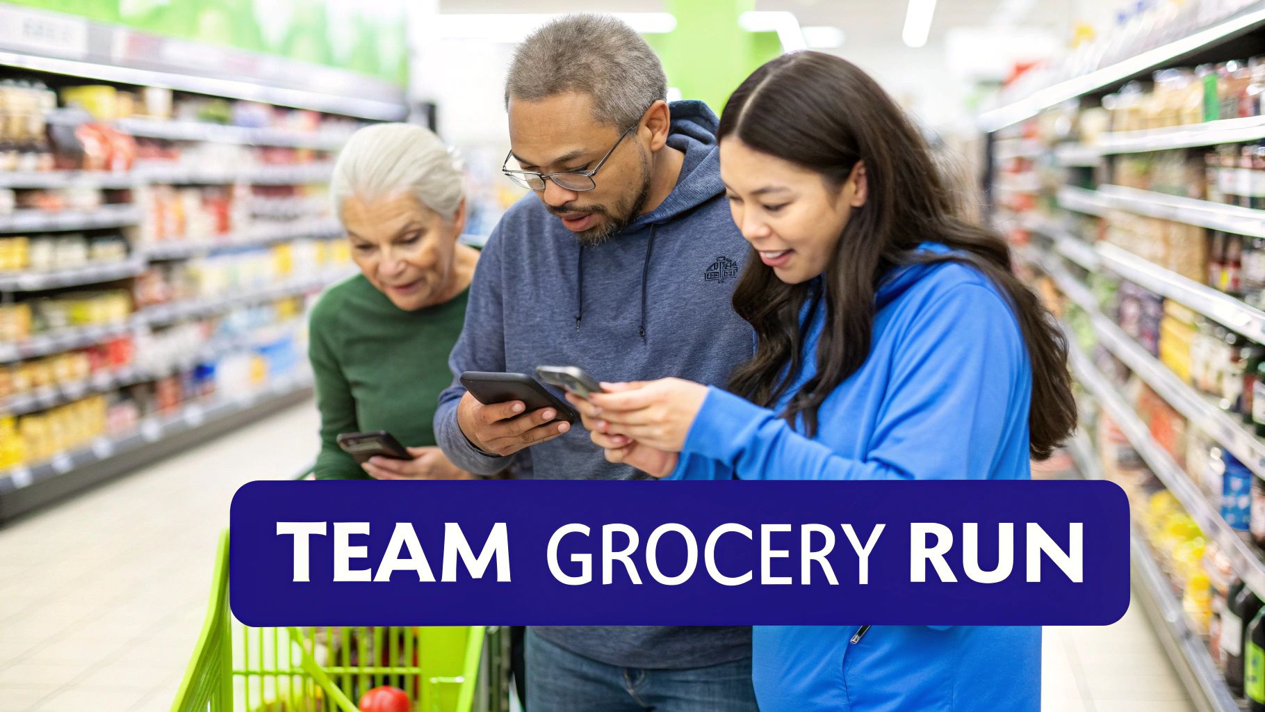Three people in a grocery store aisle, each looking at their smartphones while shopping with a green cart.