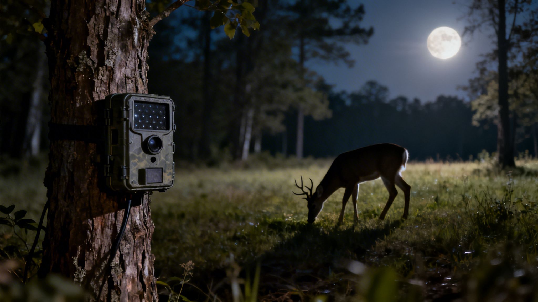 A trail camera on a tree captures a deer grazing in a moonlit forest field at night.