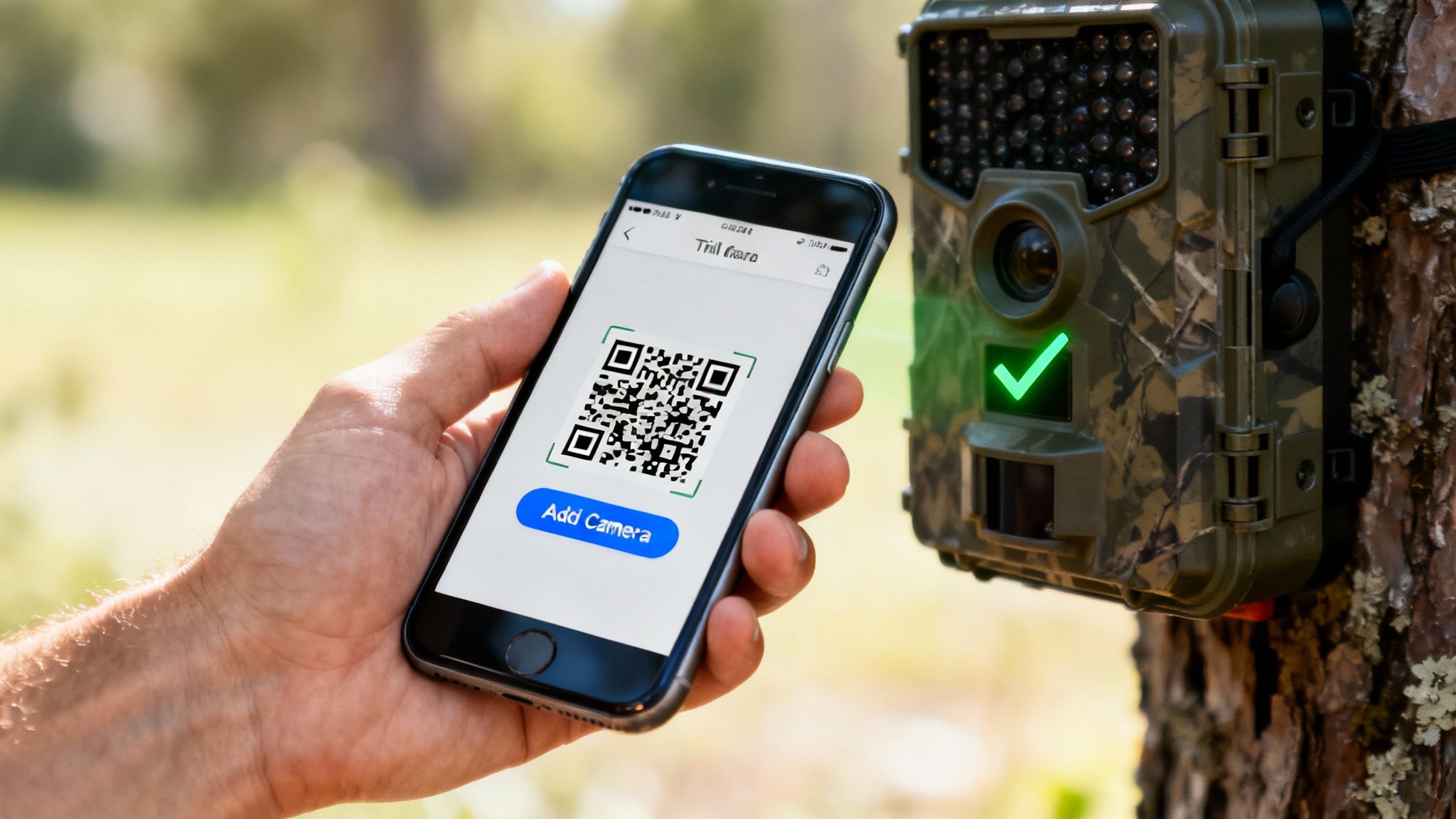 A hand holds a smartphone displaying a QR code to connect with a trail camera on a tree.