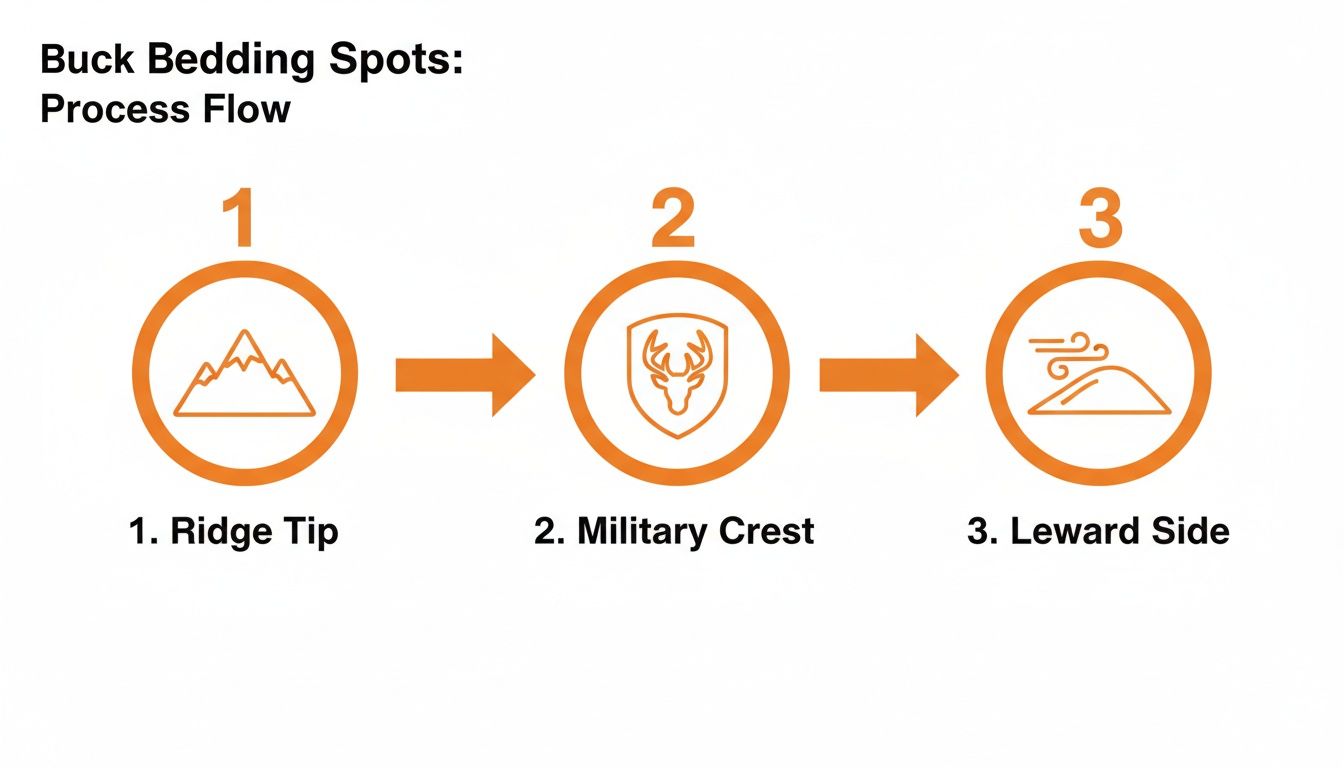 A flowchart illustrating three key buck bedding spots: Ridge Tip, Military Crest, and Leeward Side.