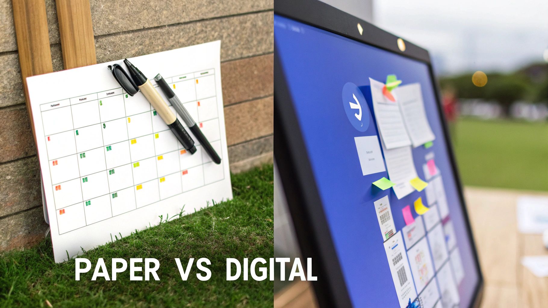 A split image comparing a paper calendar with markers and a digital screen with notes, showing paper versus digital planning.