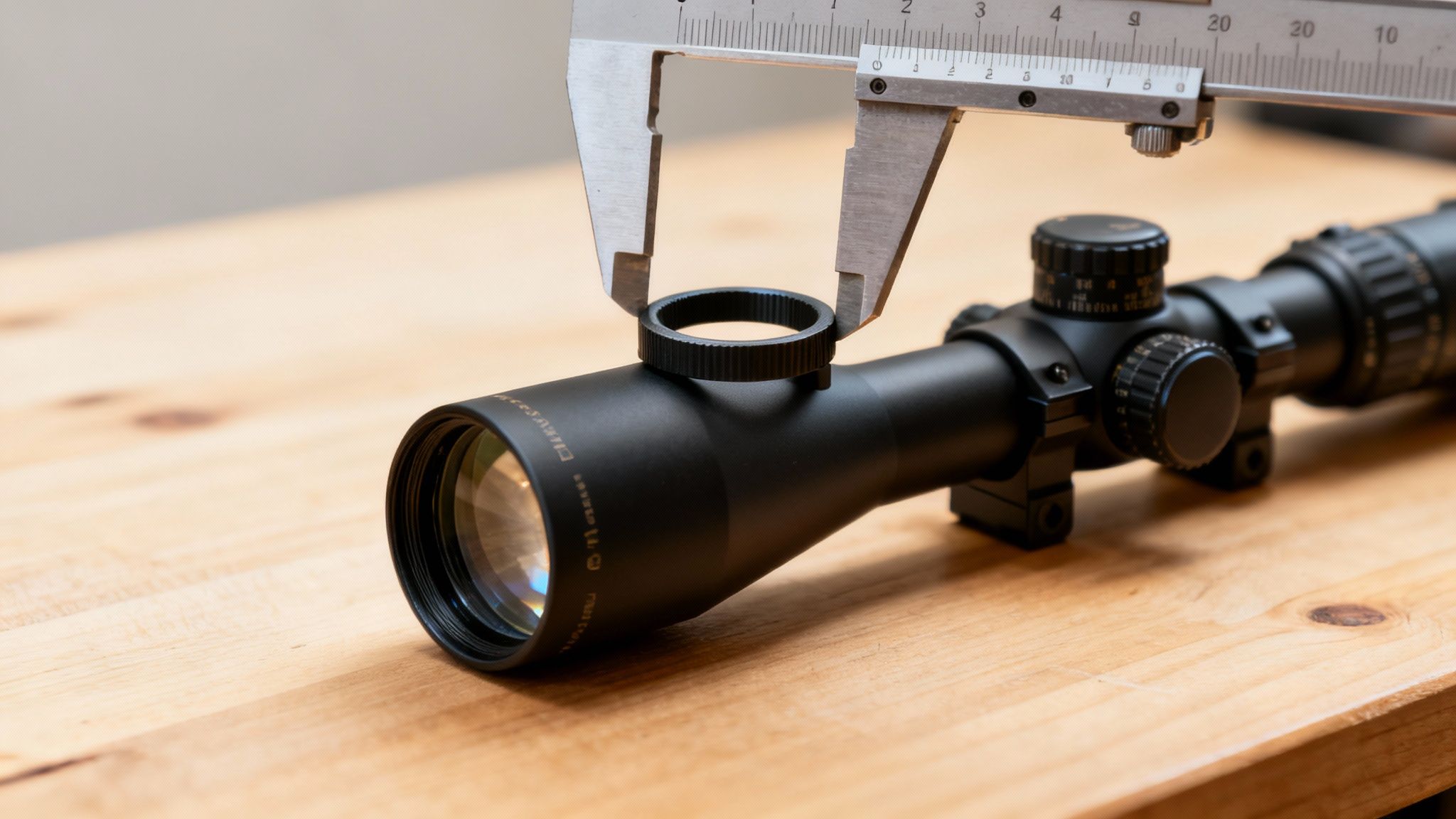 A metal caliper is used to measure a black scope ring placed on a rifle scope on a wooden table.