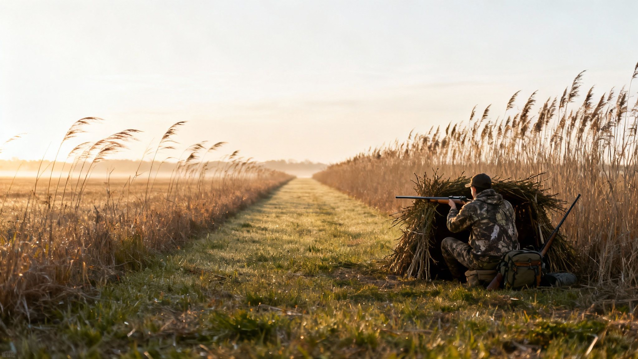 Camouflaged hunter aims rifle from a reed blind, overlooking a misty field at sunrise.
