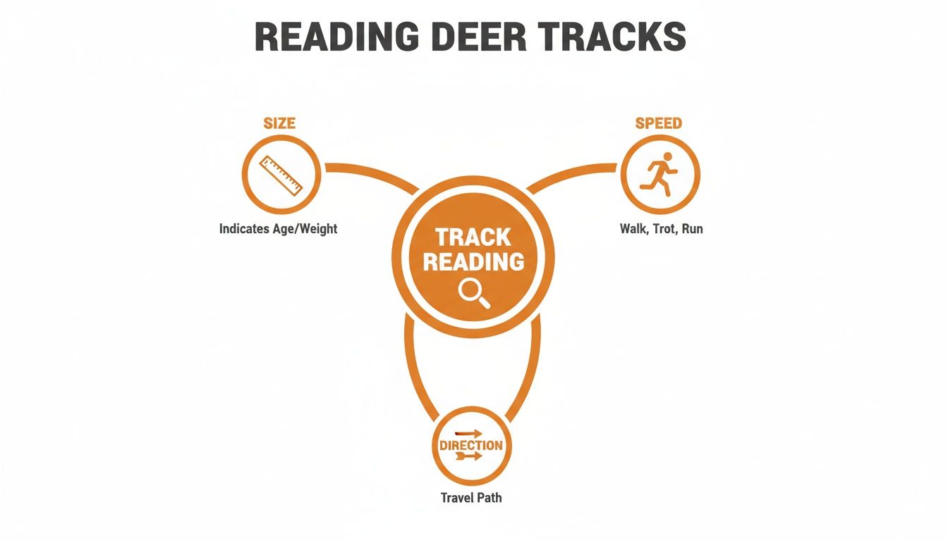 A diagram illustrating how to read deer tracks by analyzing size, speed, and direction.