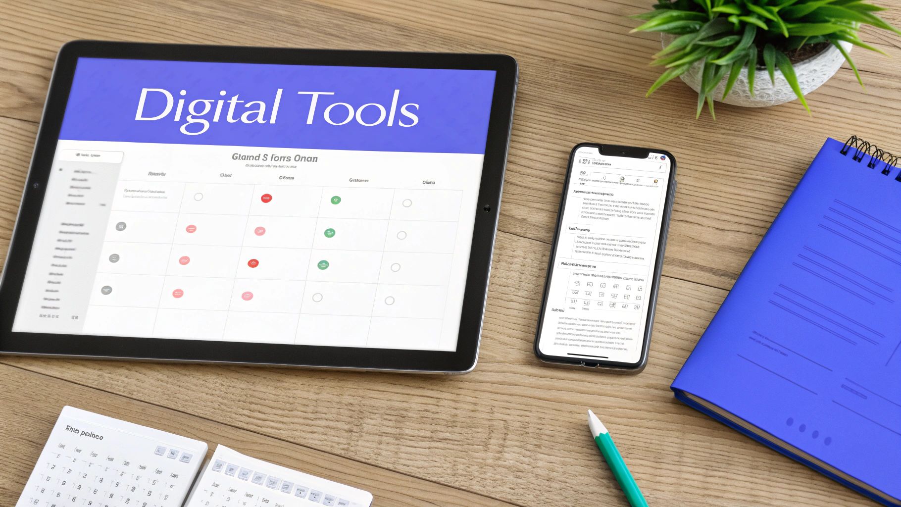 Flat lay of a modern workspace with a tablet showing 'Digital Tools', a smartphone, and office supplies.