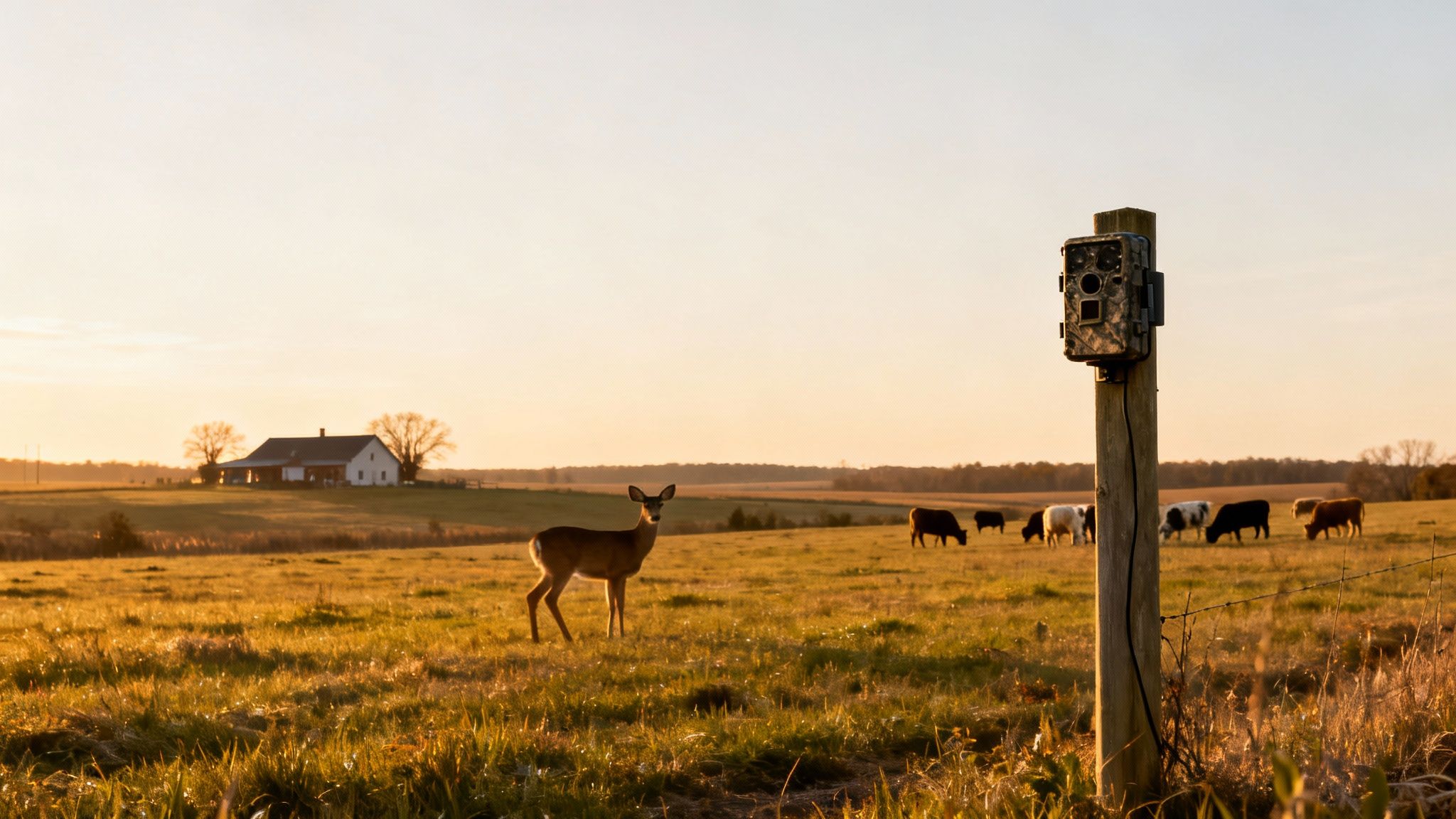 A trail camera on a post in a golden field with a deer, cows, and a farmhouse at sunset.