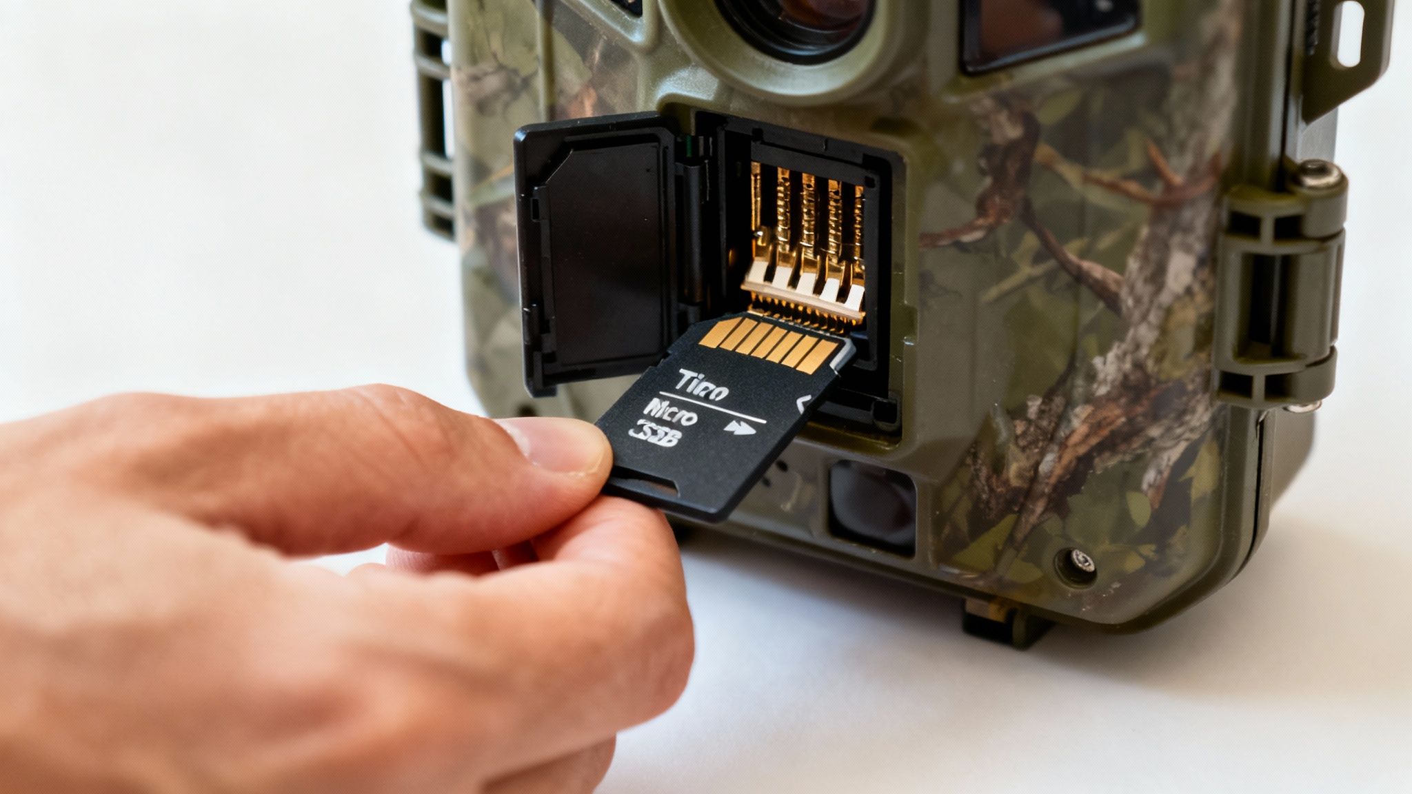 A hand inserts a black Micro SD card into a camouflage trail camera's memory slot.
