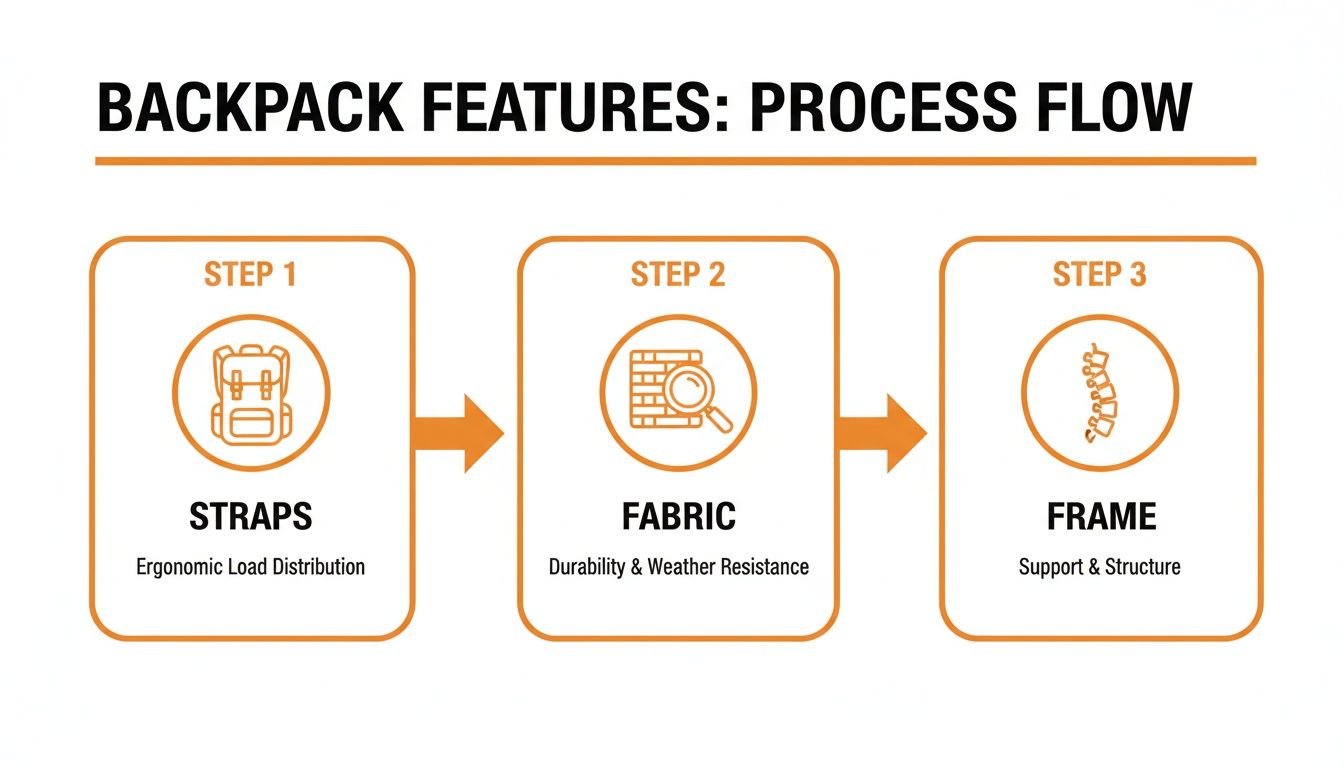Process flow diagram detailing backpack features: straps for load distribution, fabric for durability, and frame for support.