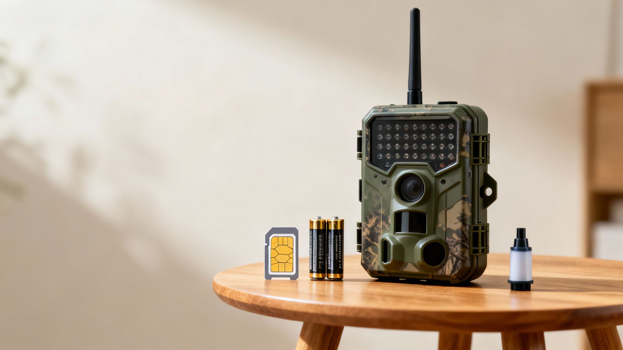A camouflage cellular trail camera with a SIM card, two batteries, and an antenna on a wooden table.
