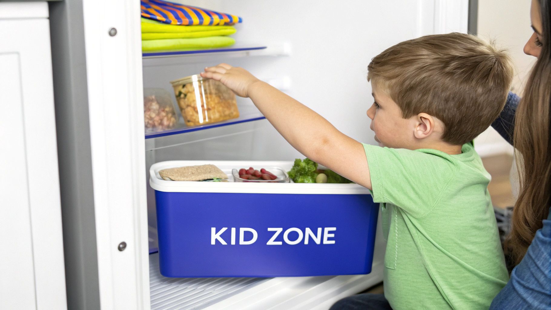 A young boy reaches for a snack from a 'KID ZONE' bin in a refrigerator.