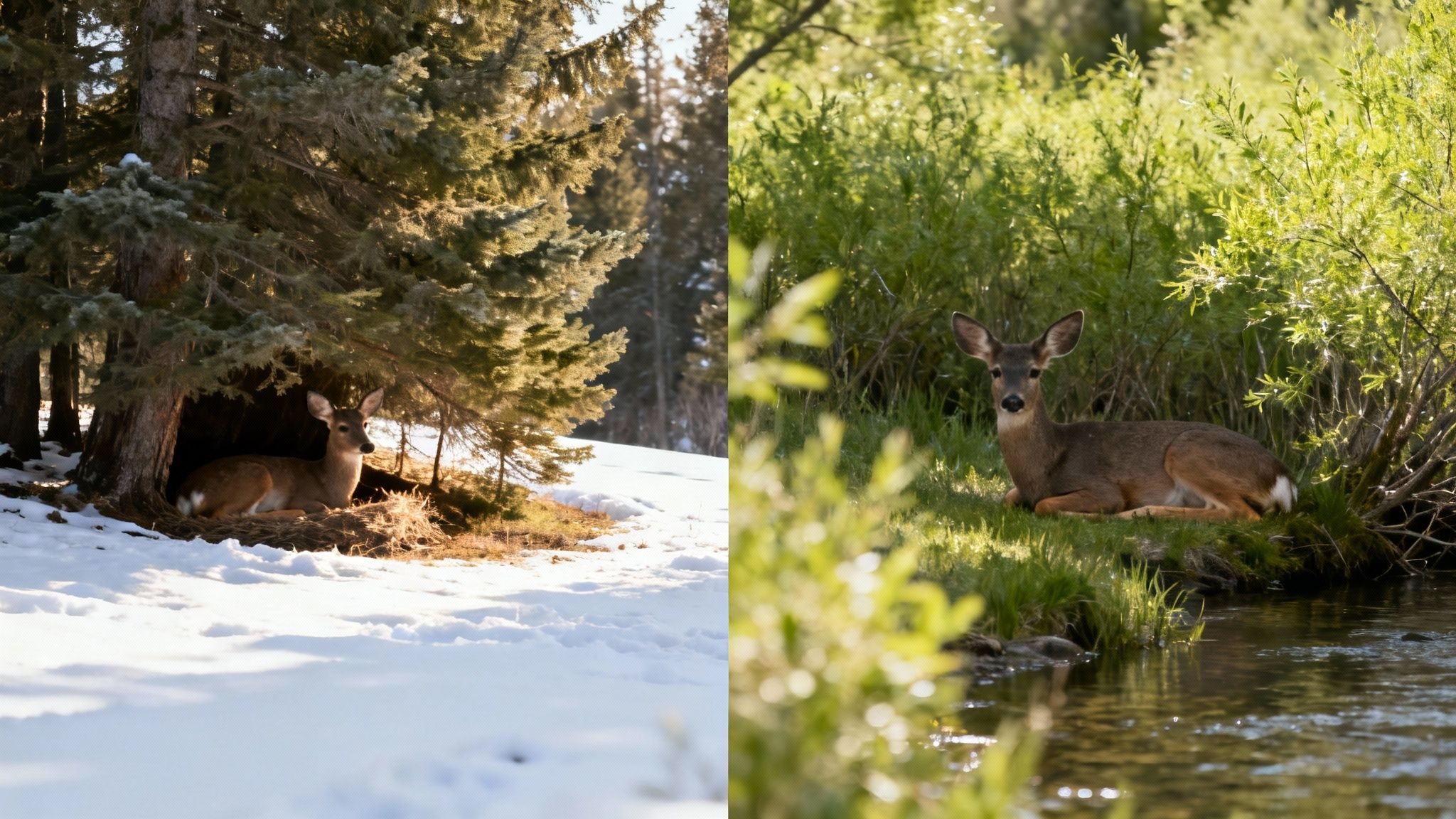 Two deer in contrasting seasons: one rests in snow under a pine, another by a stream.