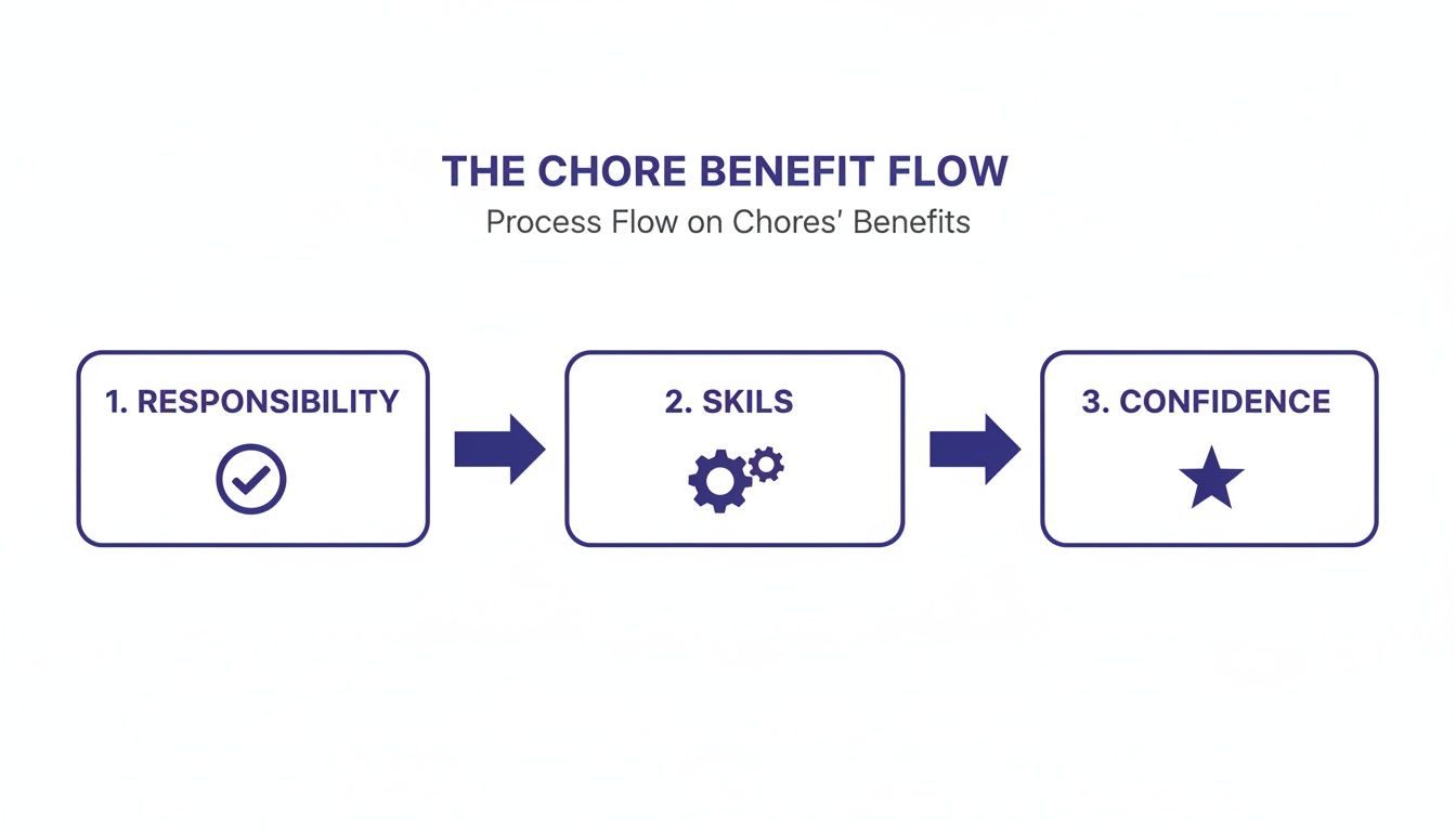 A process flow diagram titled 'The Chore Benefit Flow', showing responsibility leading to skills and confidence.