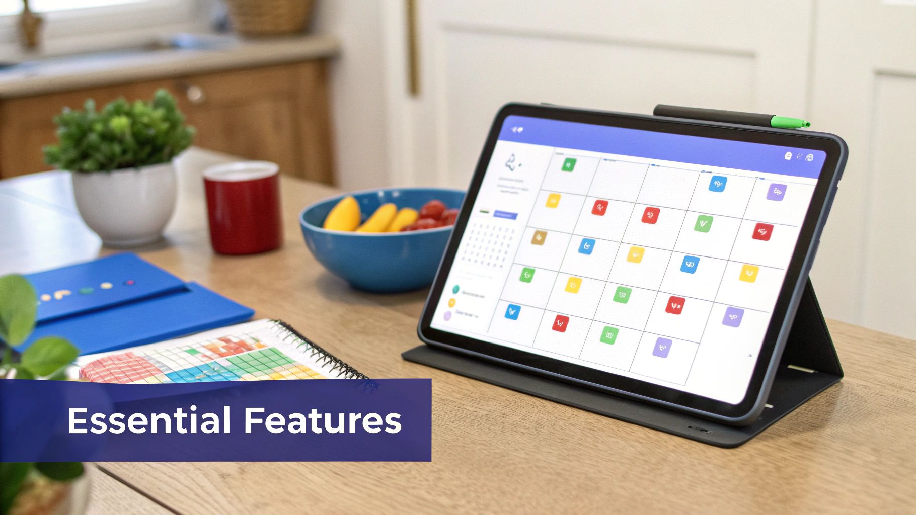A tablet displays a colorful digital calendar app on a wooden table with a stylus, plant, and fruit.