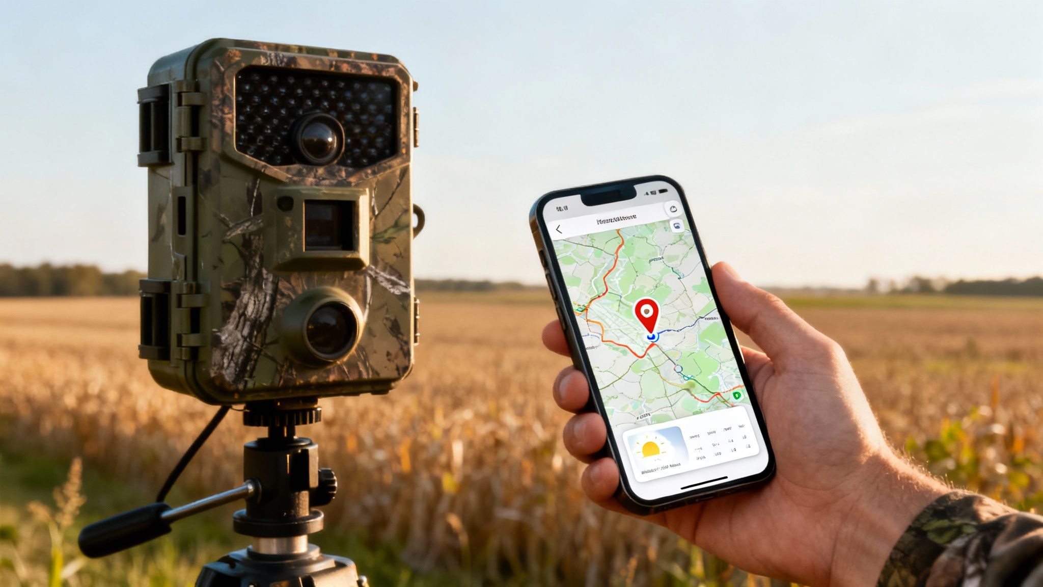 A trail camera on a tripod next to a hand holding a smartphone displaying a map and weather app in a field.