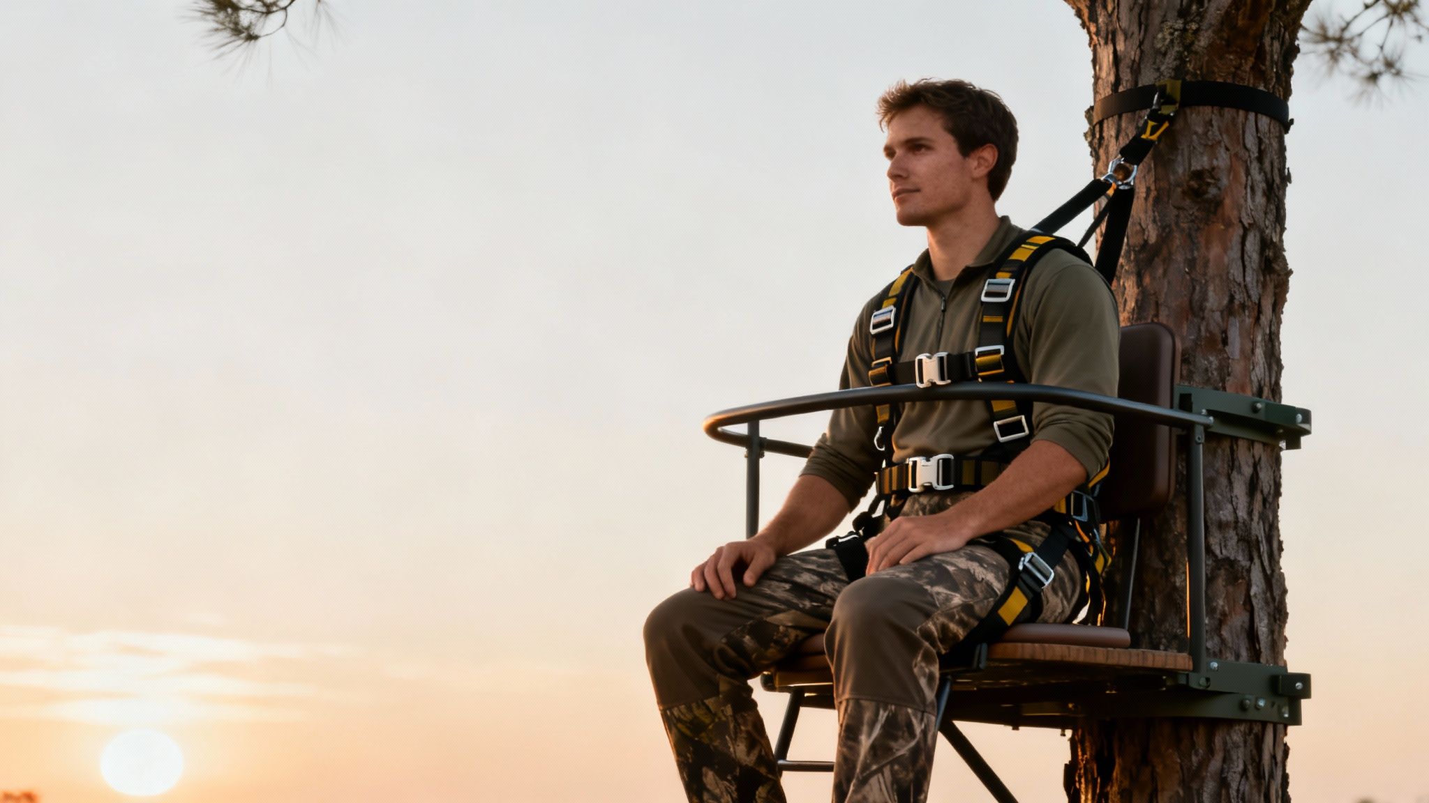 A man in a hunting harness sits safely in a tree stand, observing the sunset.
