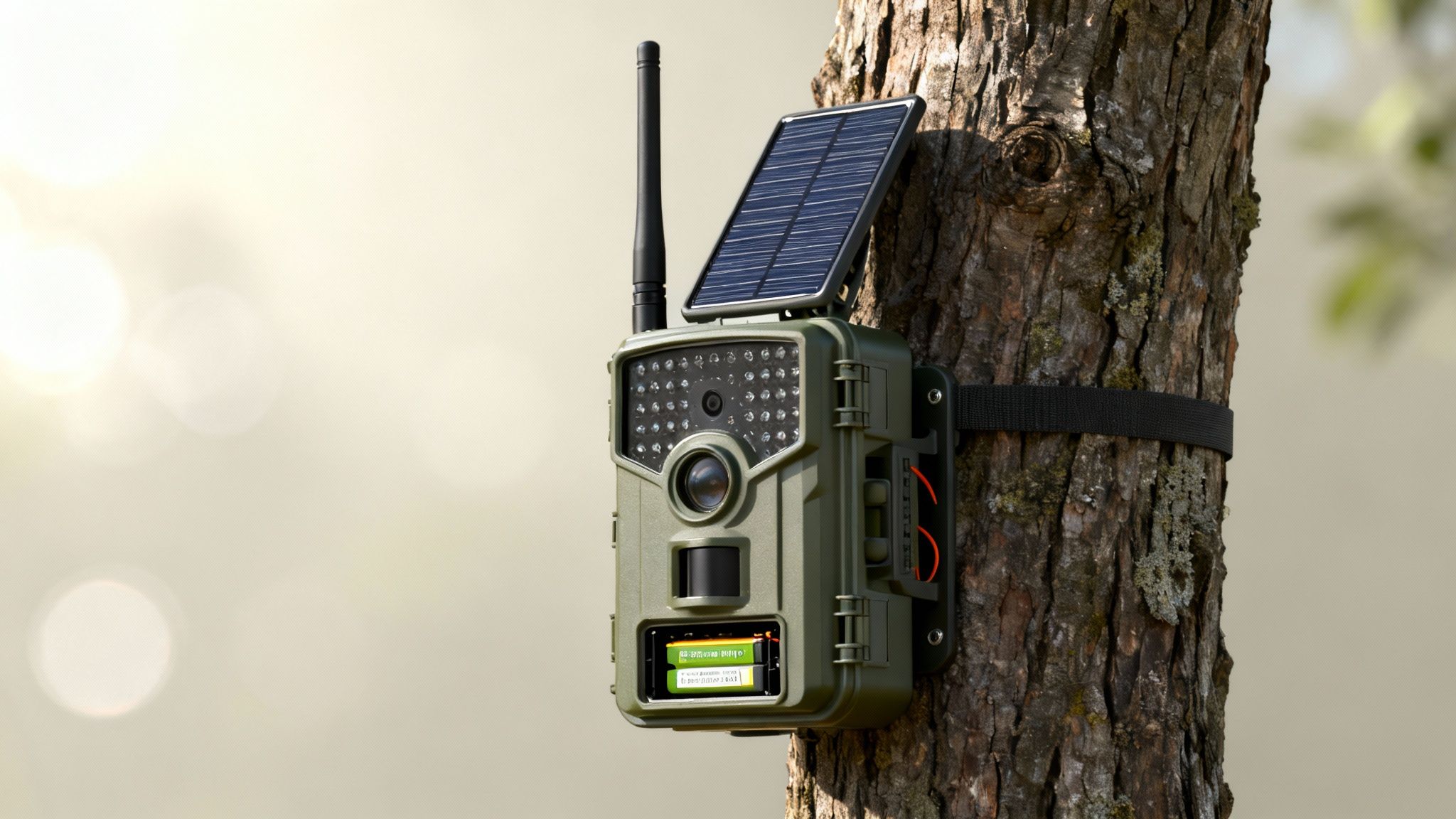 A green cellular outdoor camera with a solar panel attached to a tree, showing battery life.