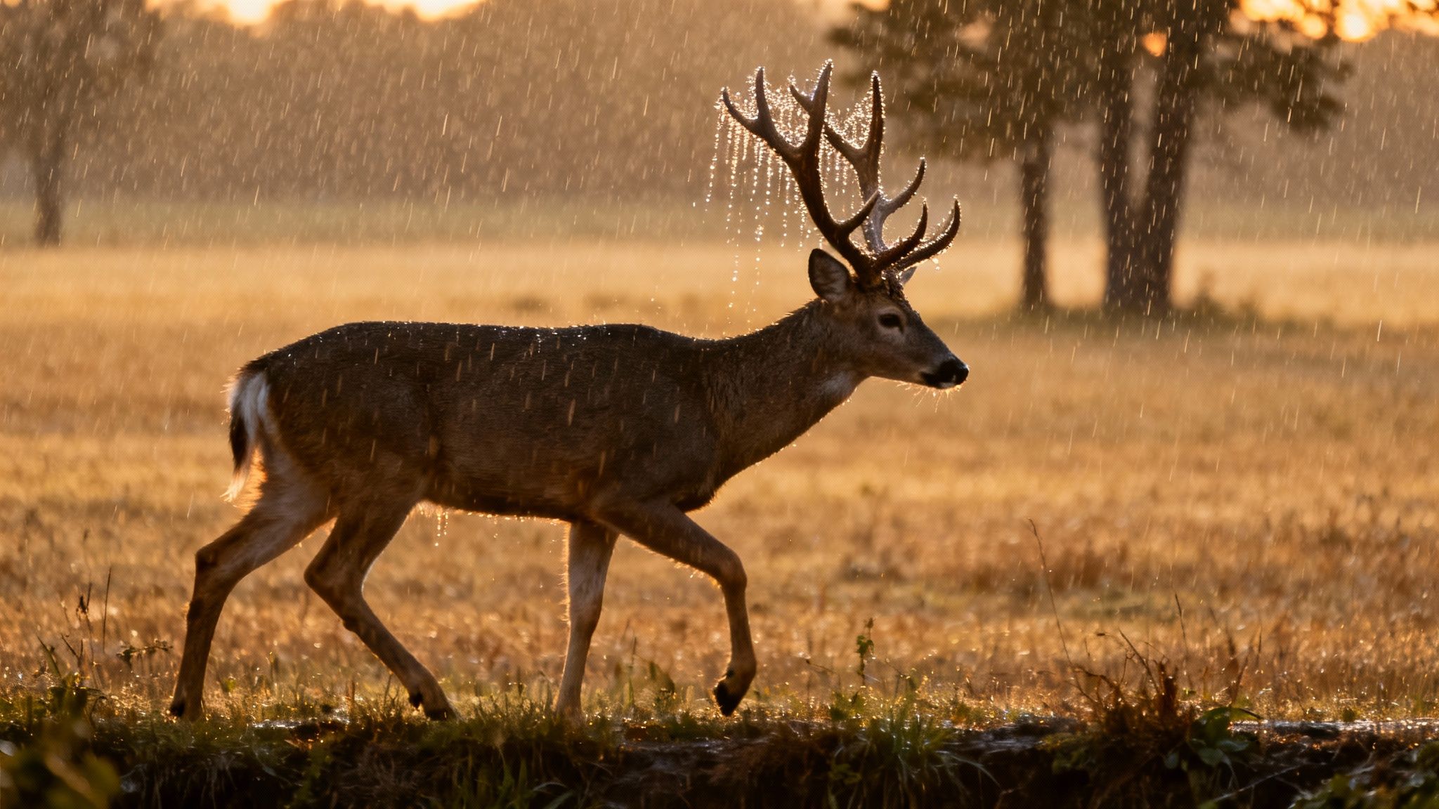A magnificent buck with antlers walks through a golden field in the rain at sunrise.