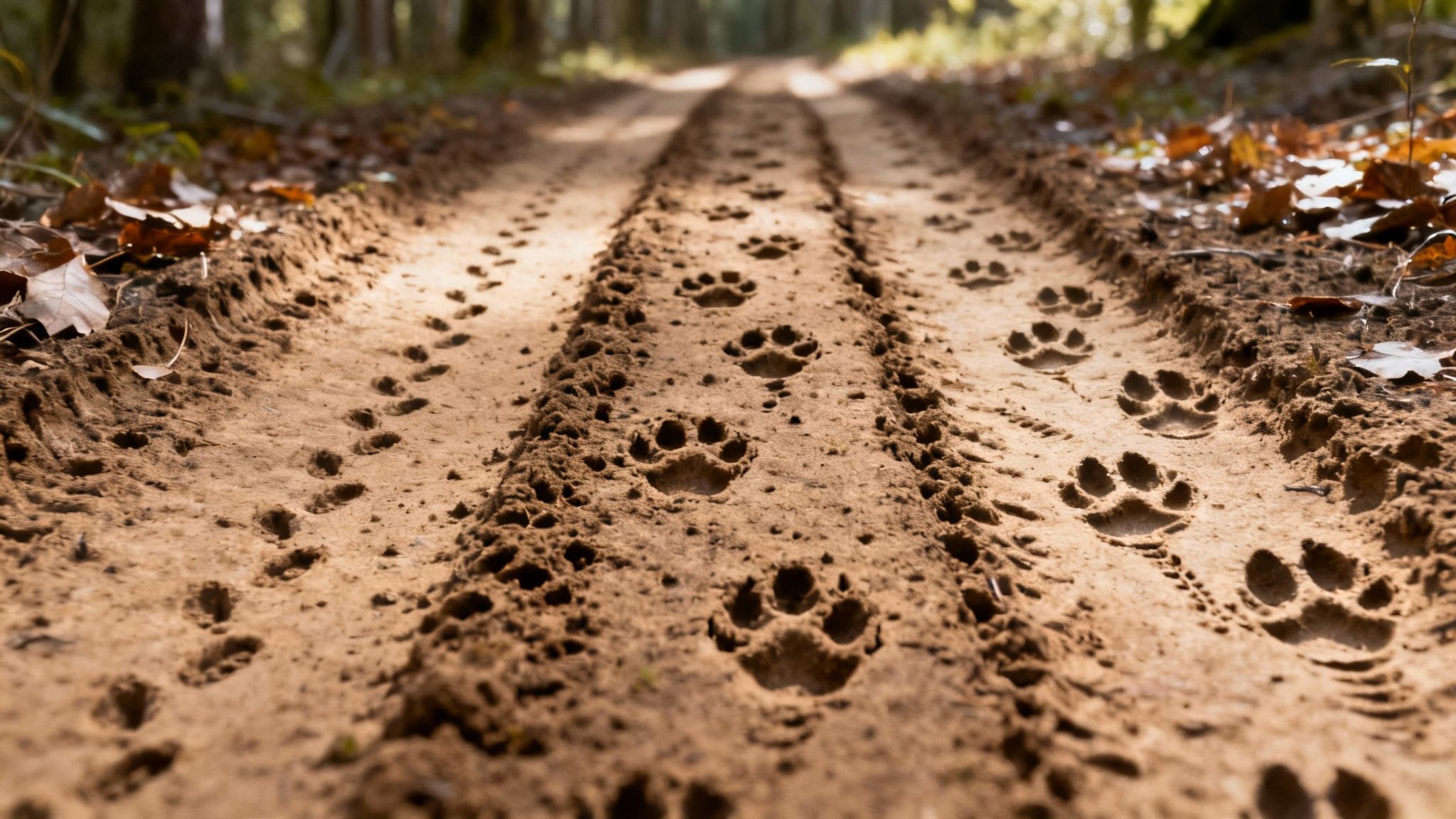 Close-up of clear whitetail deer tracks and tire marks on a dirt path in a sunny forest.