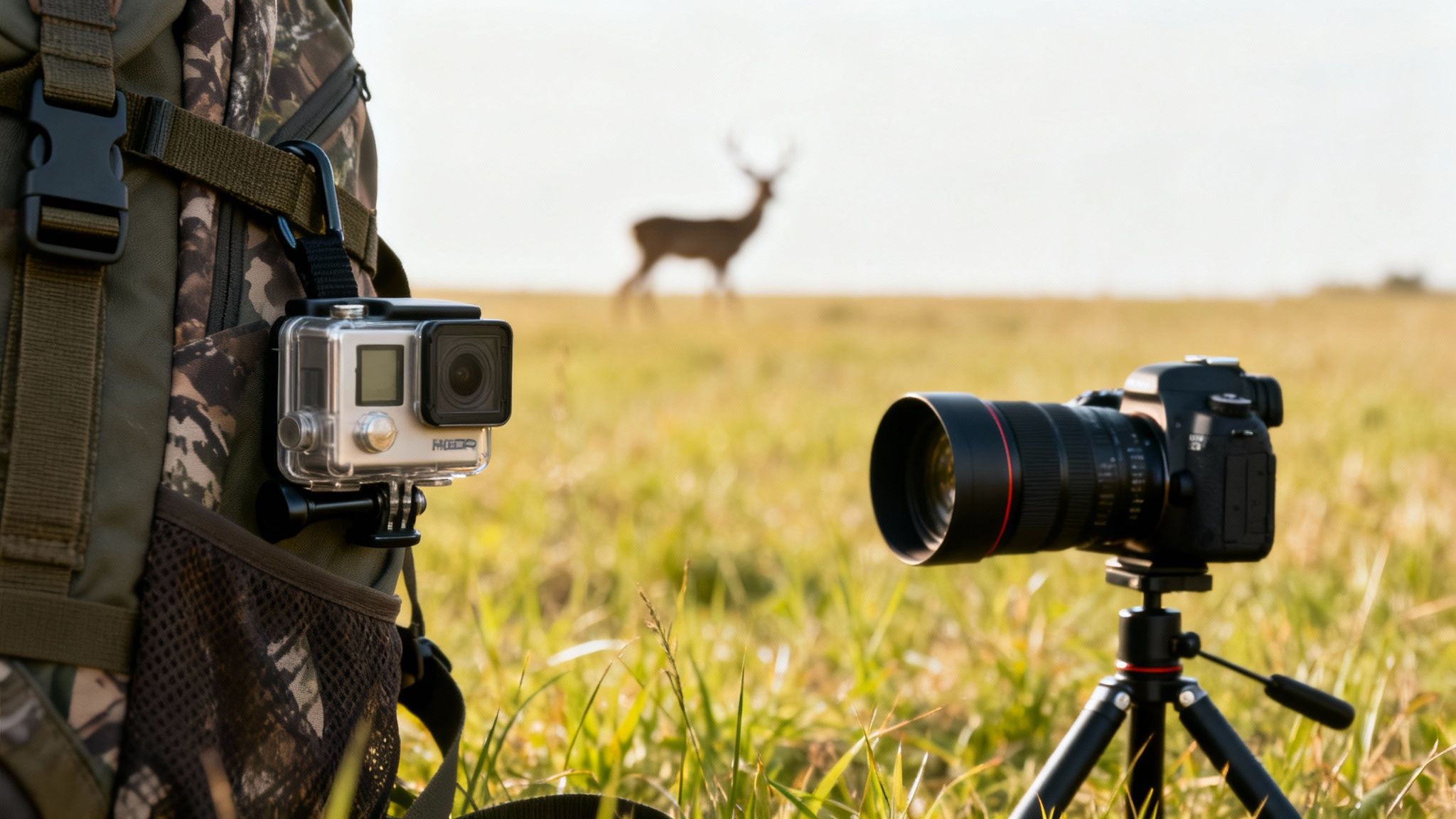 Cameras set up for wildlife photography in a grassy field with a blurred deer.