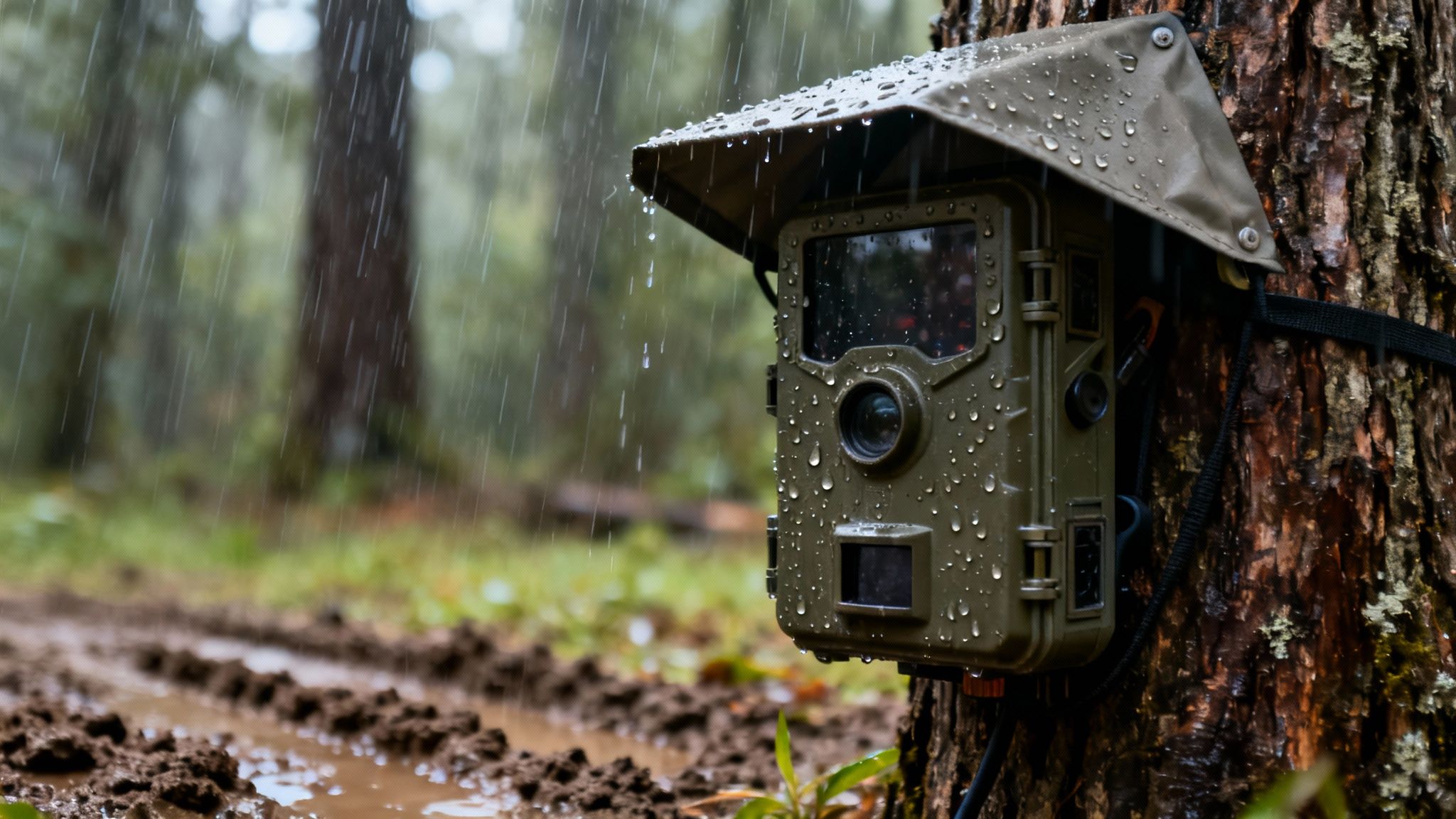 A trail camera is securely strapped to a tree in a rainy forest, overlooking a muddy path.