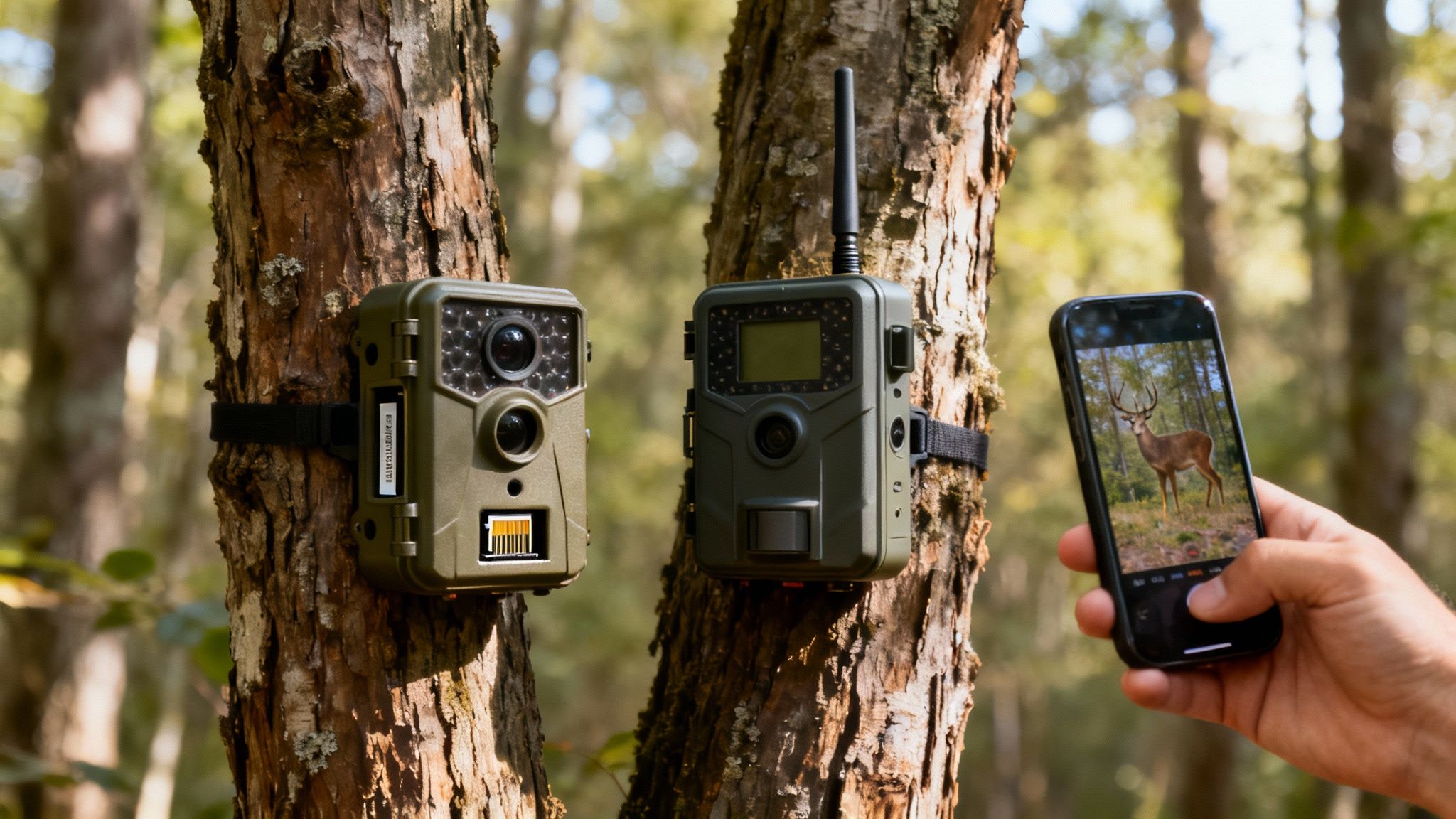 A person views a deer photo on a smartphone next to trail cameras in a forest.
